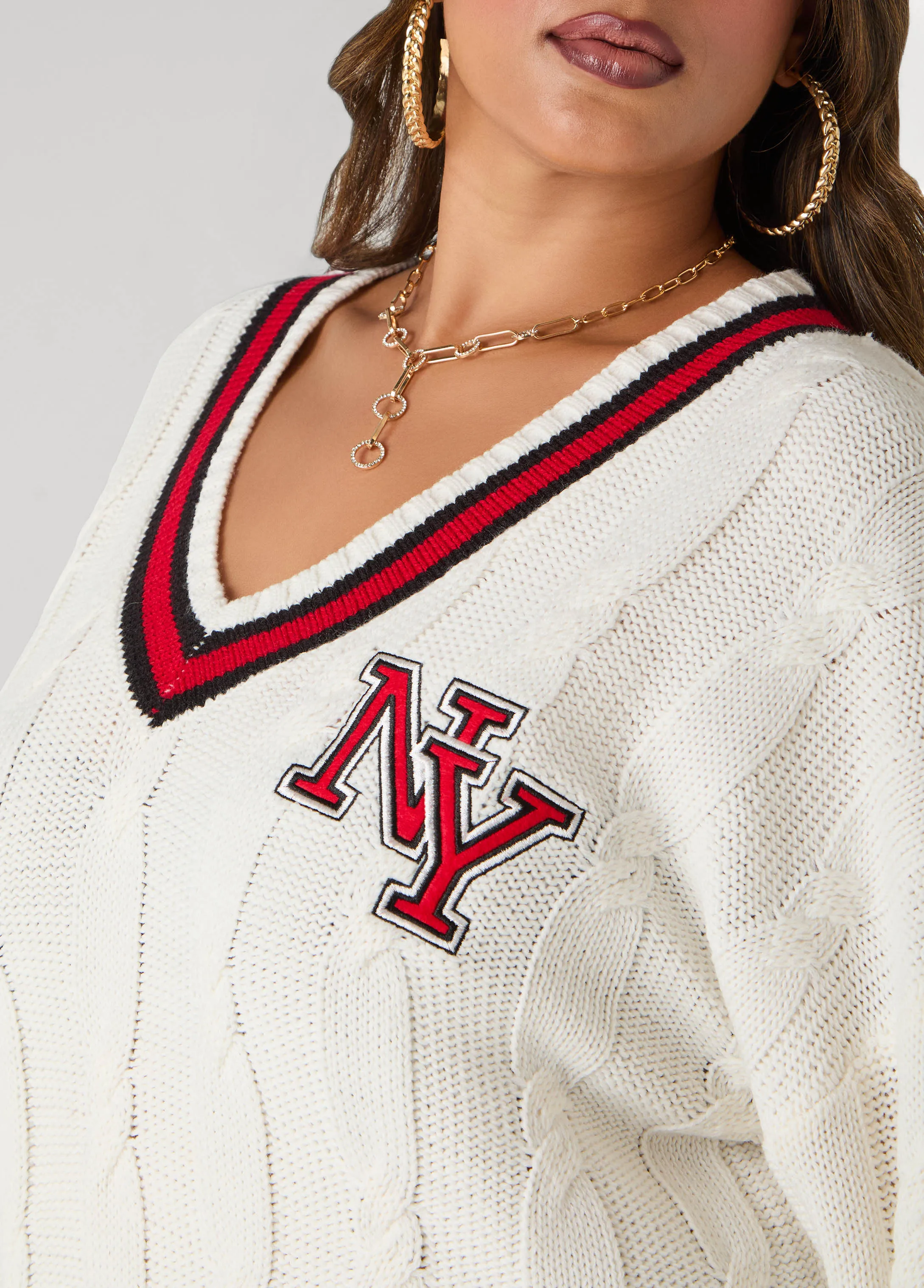 V Neck Varsity Sweater sold by Ashley Stewart product image thumbnail 5