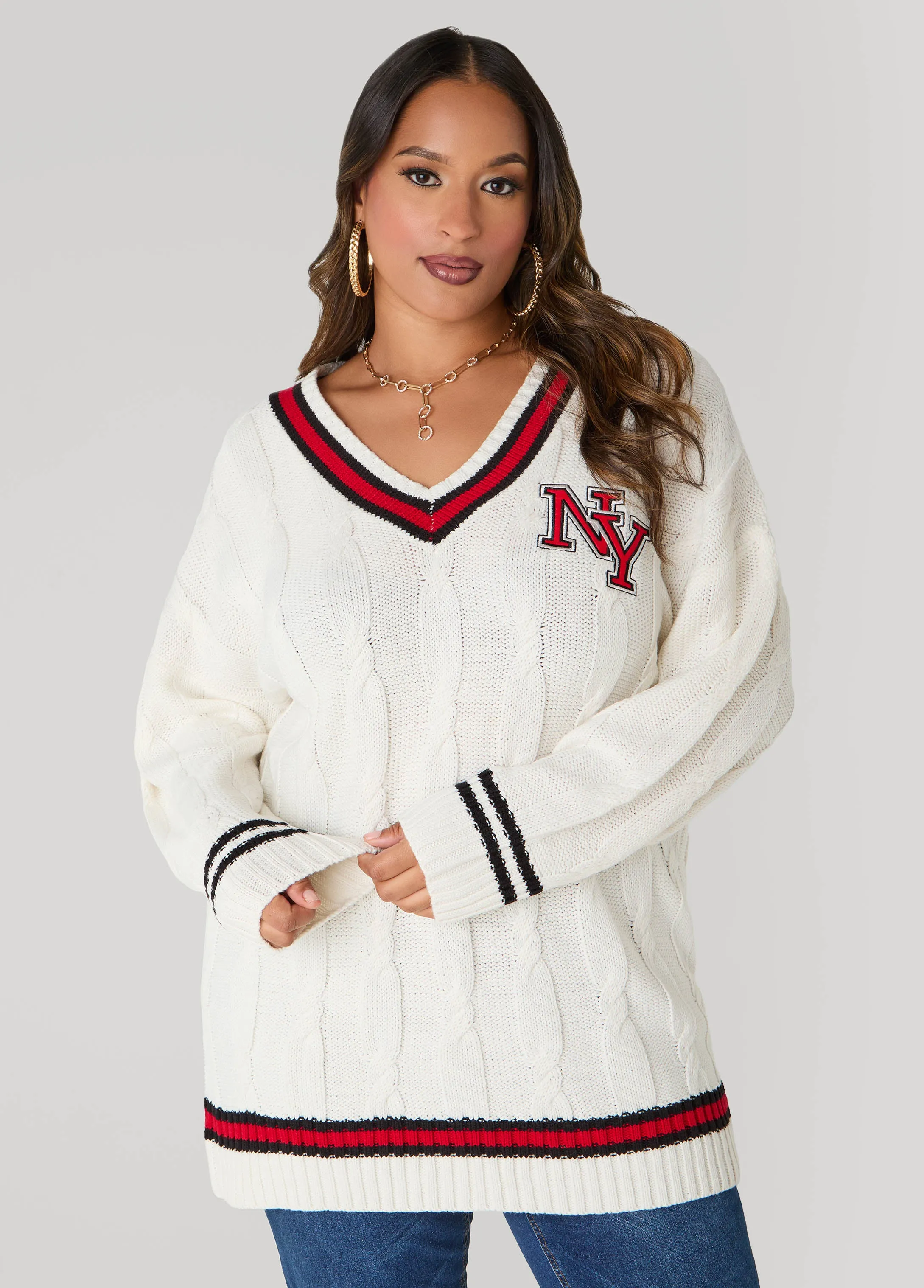V Neck Varsity Sweater sold by Ashley Stewart