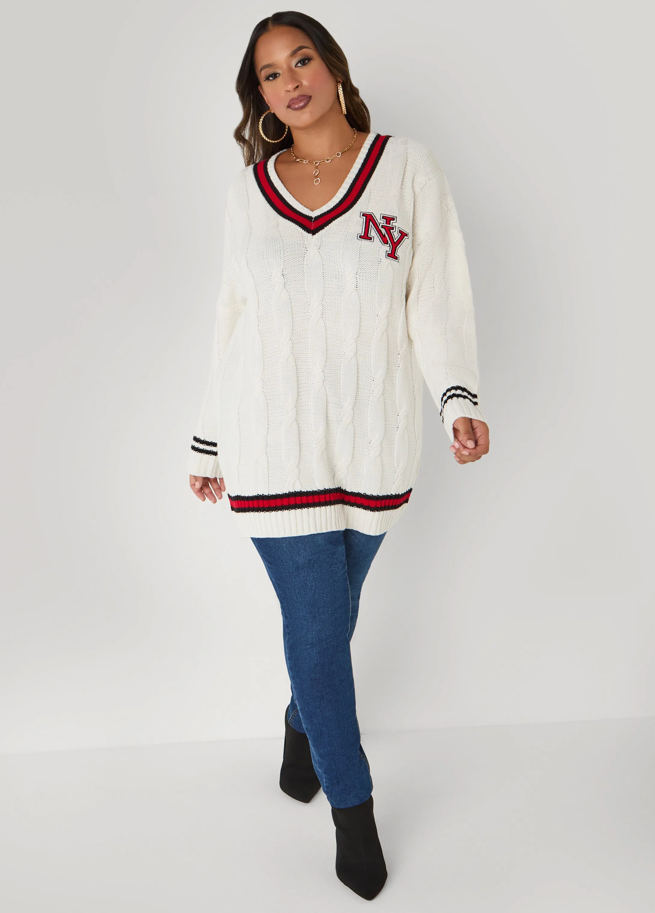 V Neck Varsity Sweater sold by Ashley Stewart product image thumbnail 4