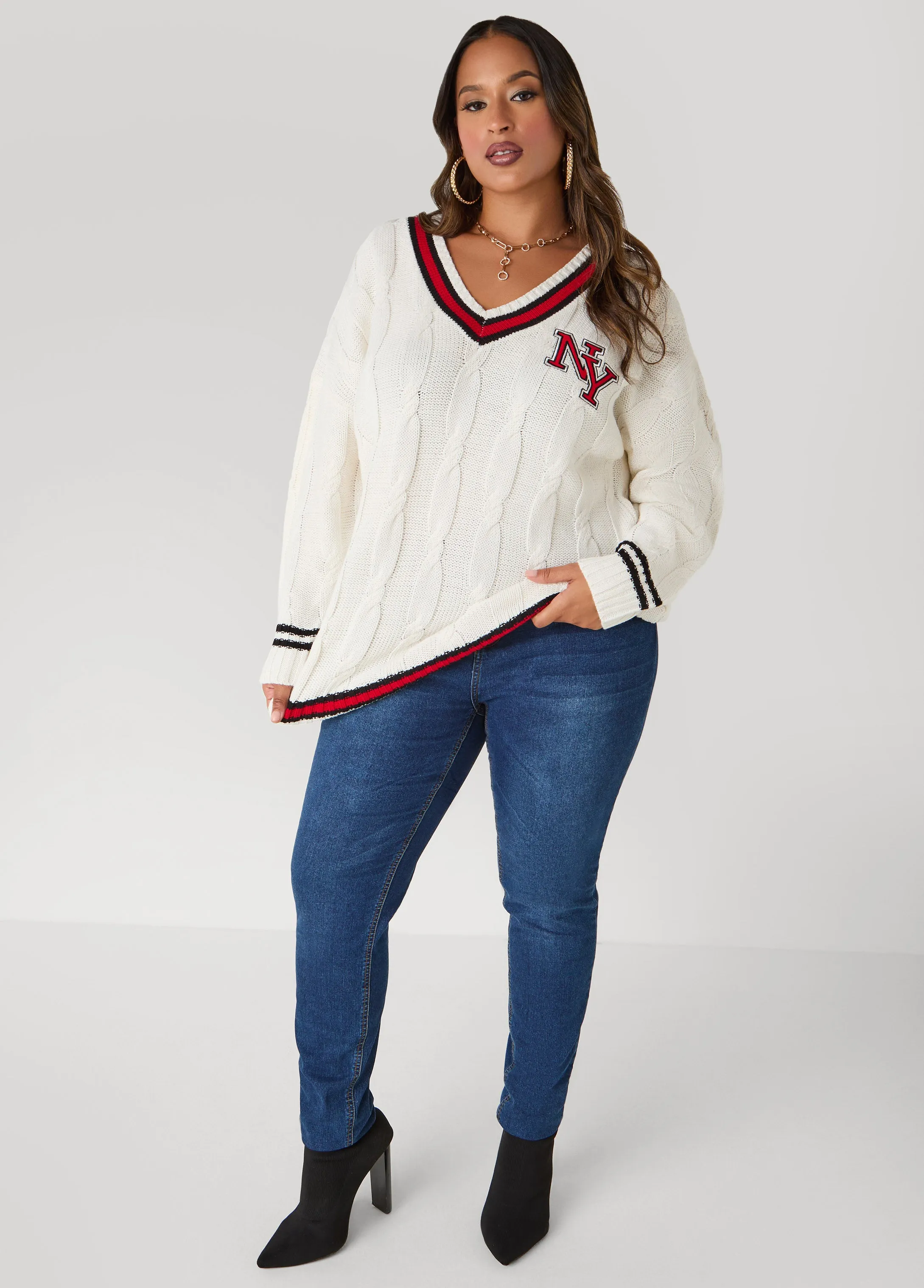 V Neck Varsity Sweater sold by Ashley Stewart product image thumbnail 3