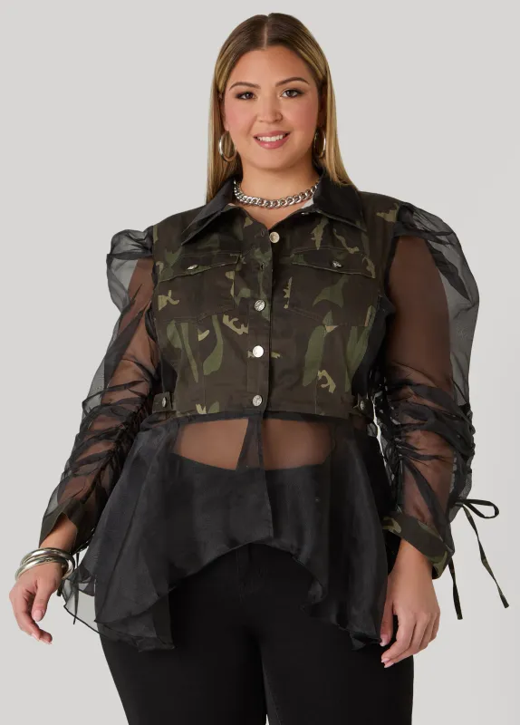 Camo Print Paneled Organza Shirt sold by Ashley Stewart