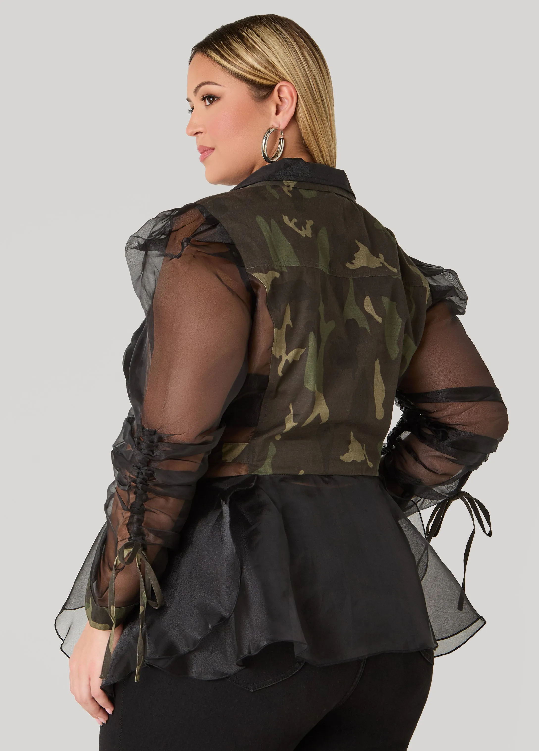 Camo Print Paneled Organza Shirt sold by Ashley Stewart product image thumbnail 2