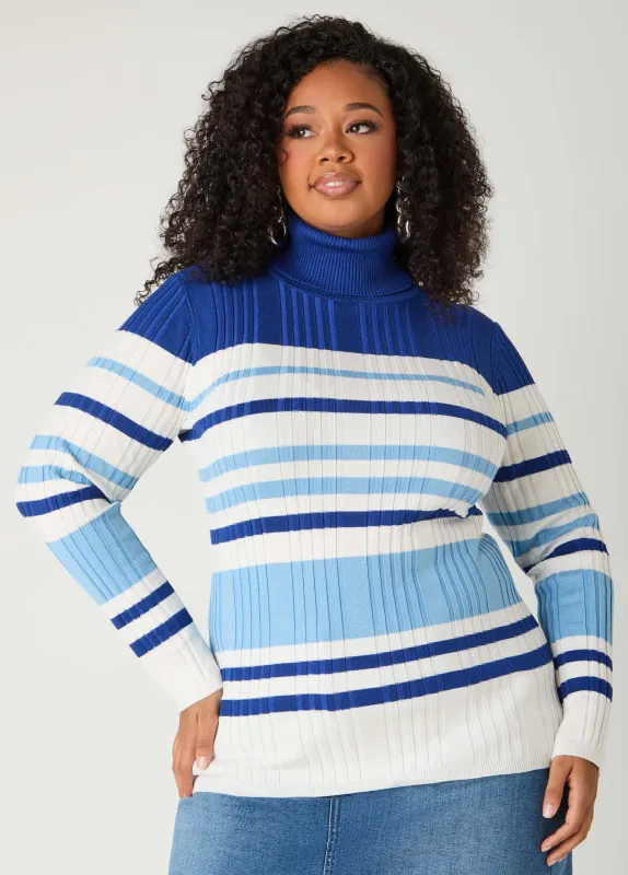 Striped Ribbed Turtleneck Sweater sold by Ashley Stewart