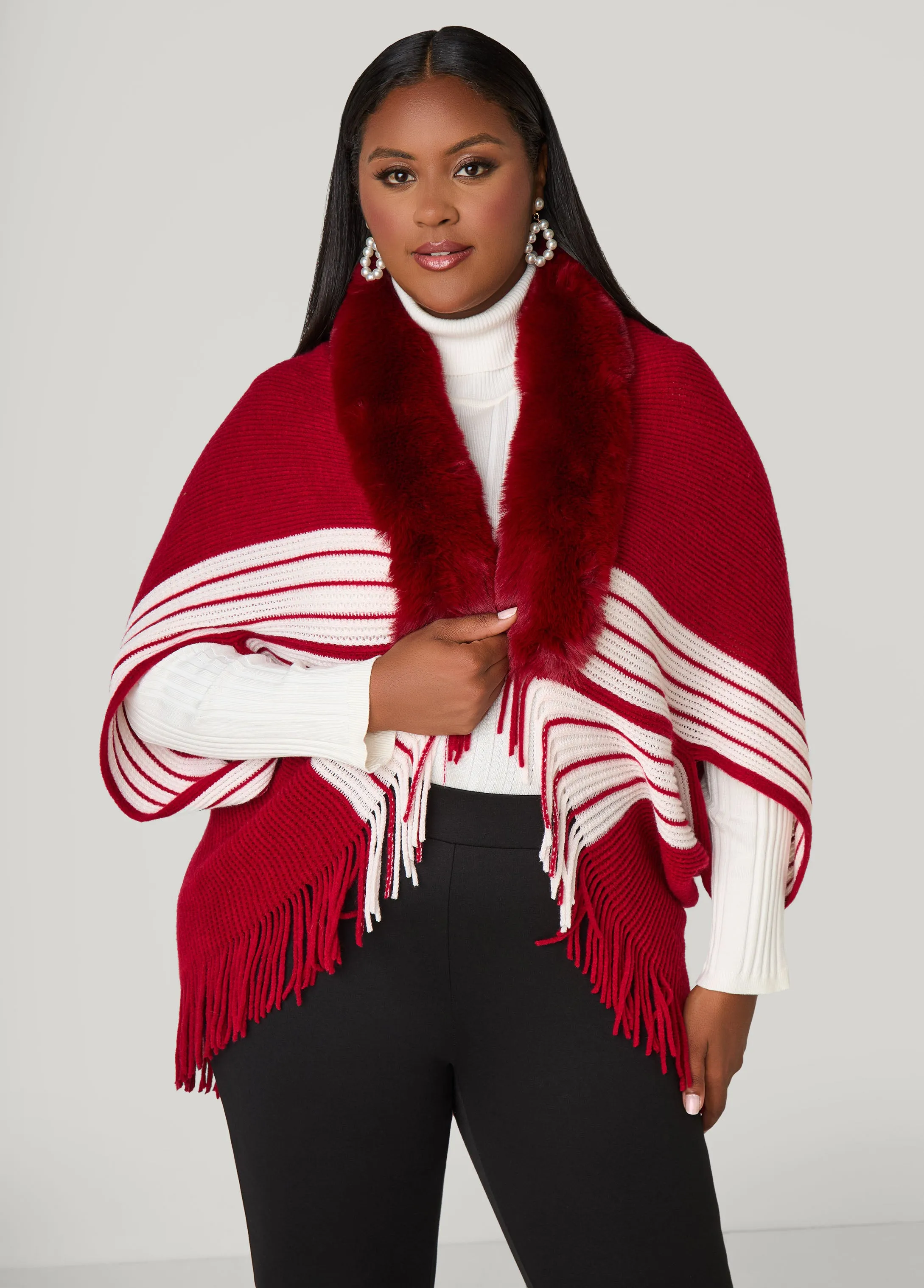 Faux Fur Trimmed Stripe Poncho sold by Ashley Stewart