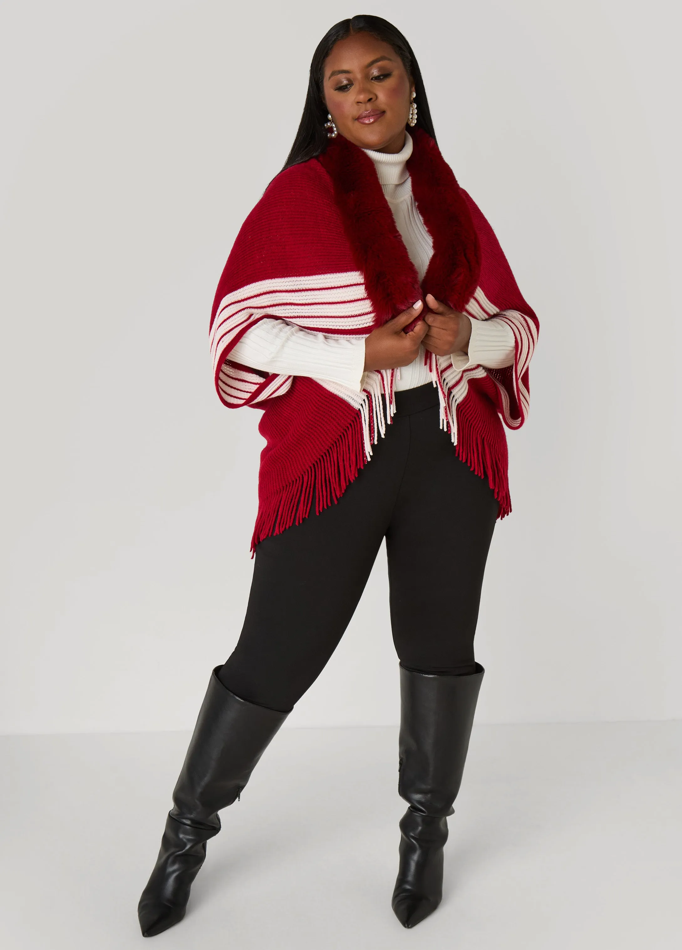 Faux Fur Trimmed Stripe Poncho sold by Ashley Stewart product image thumbnail 2