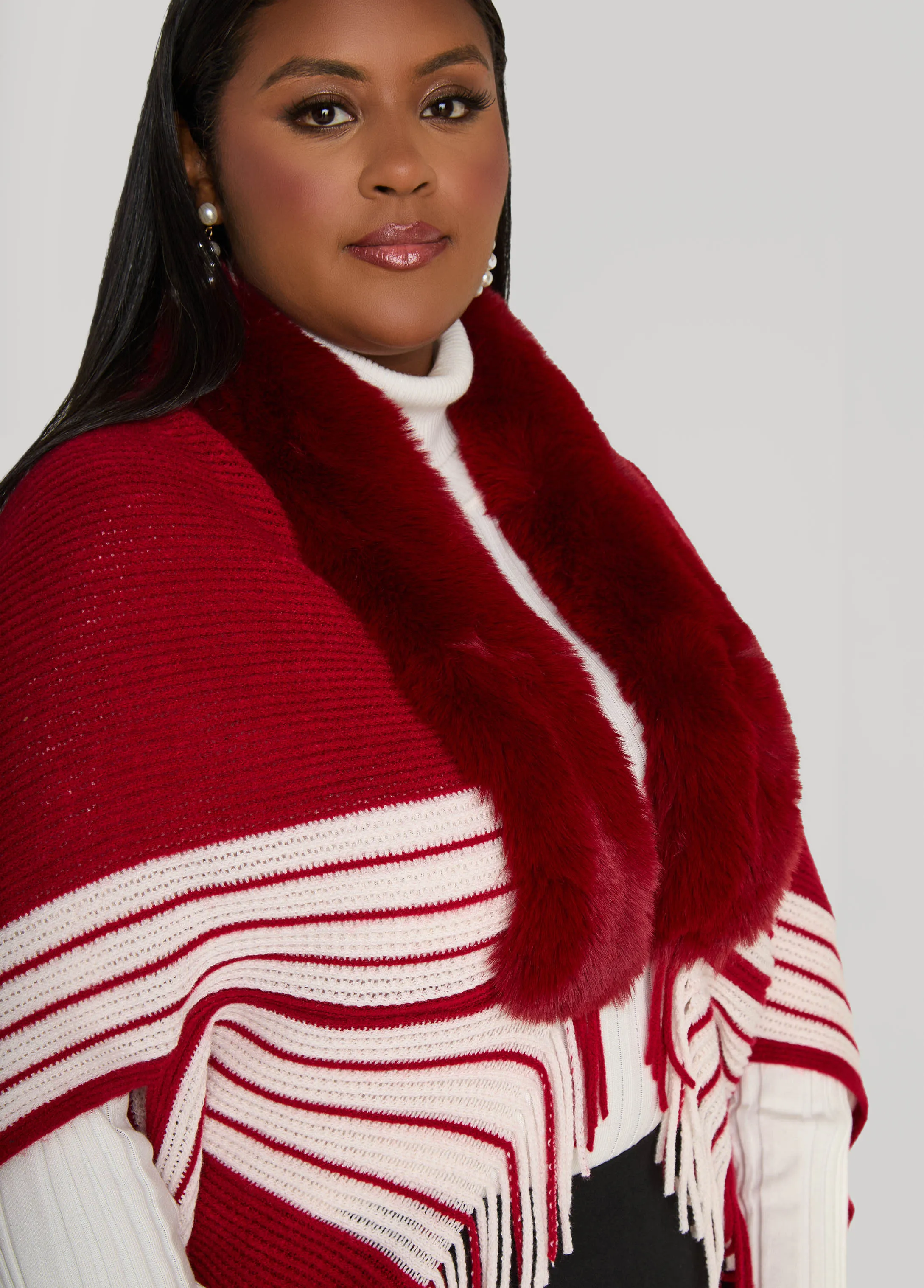 Faux Fur Trimmed Stripe Poncho sold by Ashley Stewart product image thumbnail 3