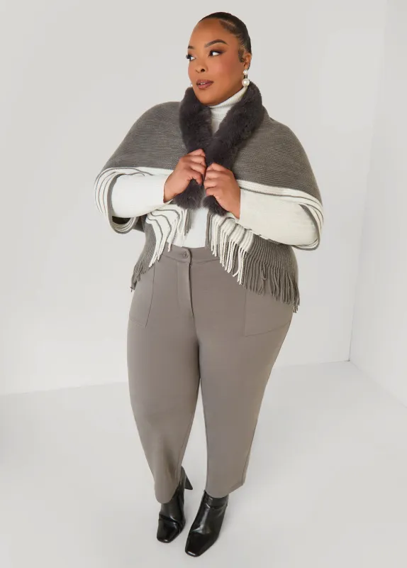 Striped Faux Fur Trimmed Poncho sold by Ashley Stewart