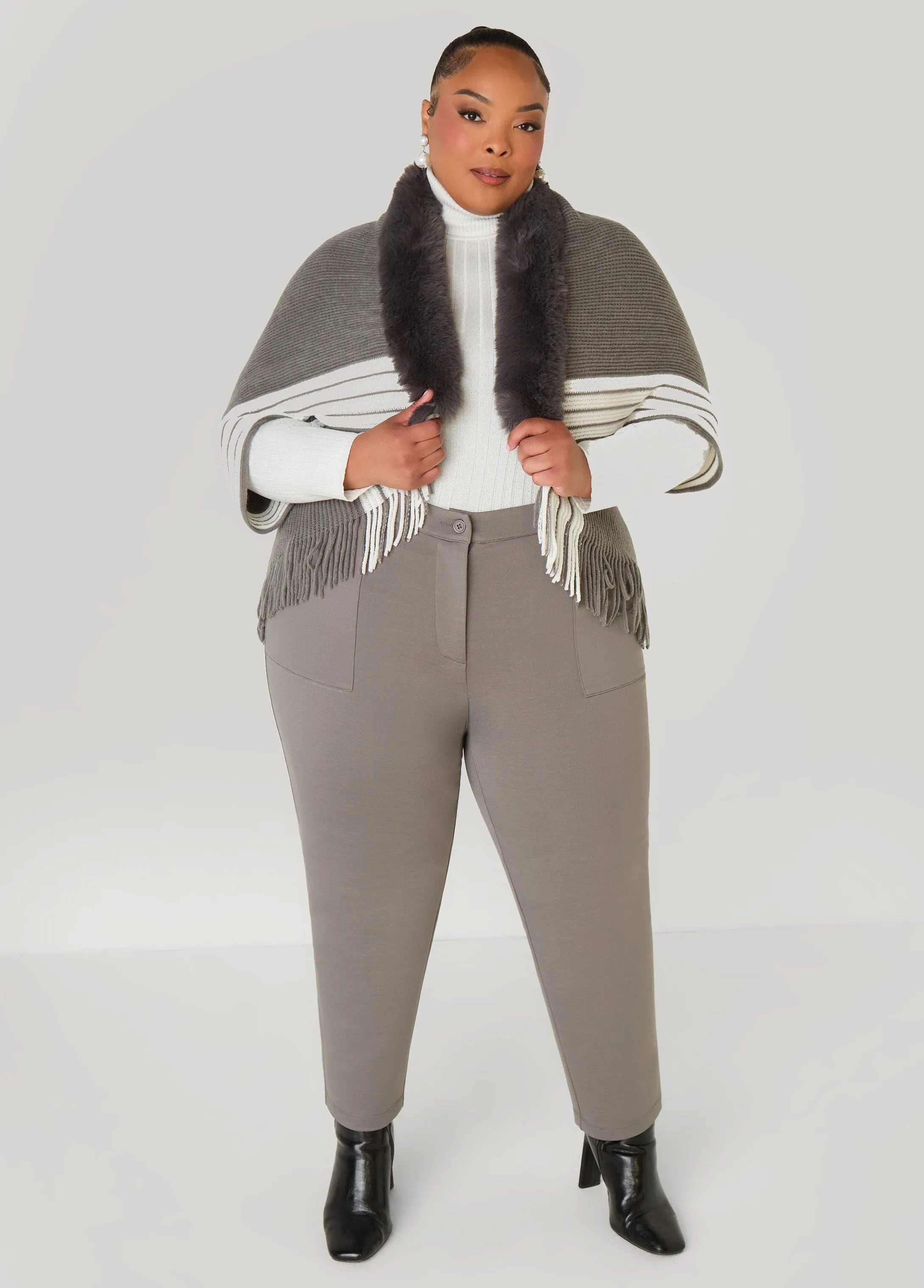 Striped Faux Fur Trimmed Poncho sold by Ashley Stewart product image thumbnail 3