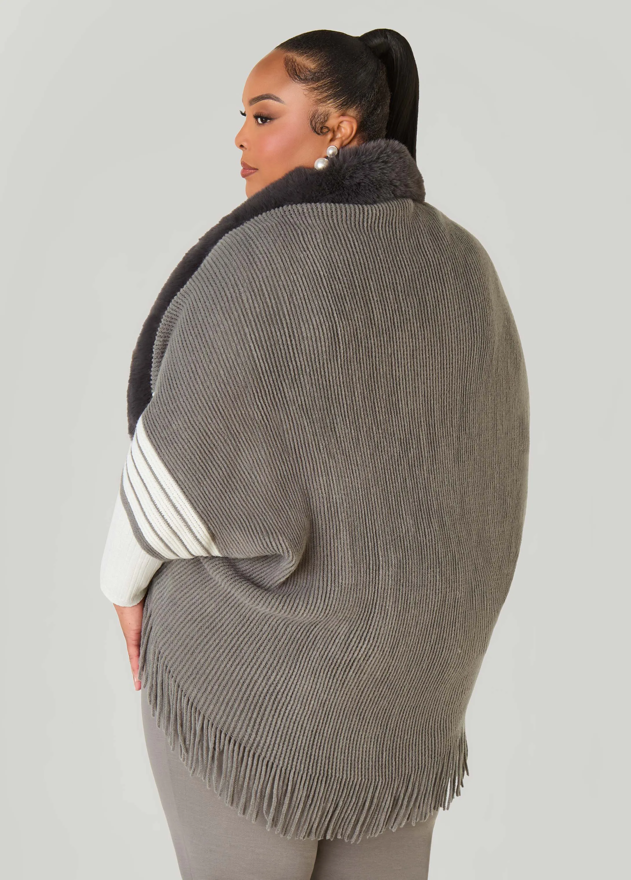 Striped Faux Fur Trimmed Poncho sold by Ashley Stewart product image thumbnail 4