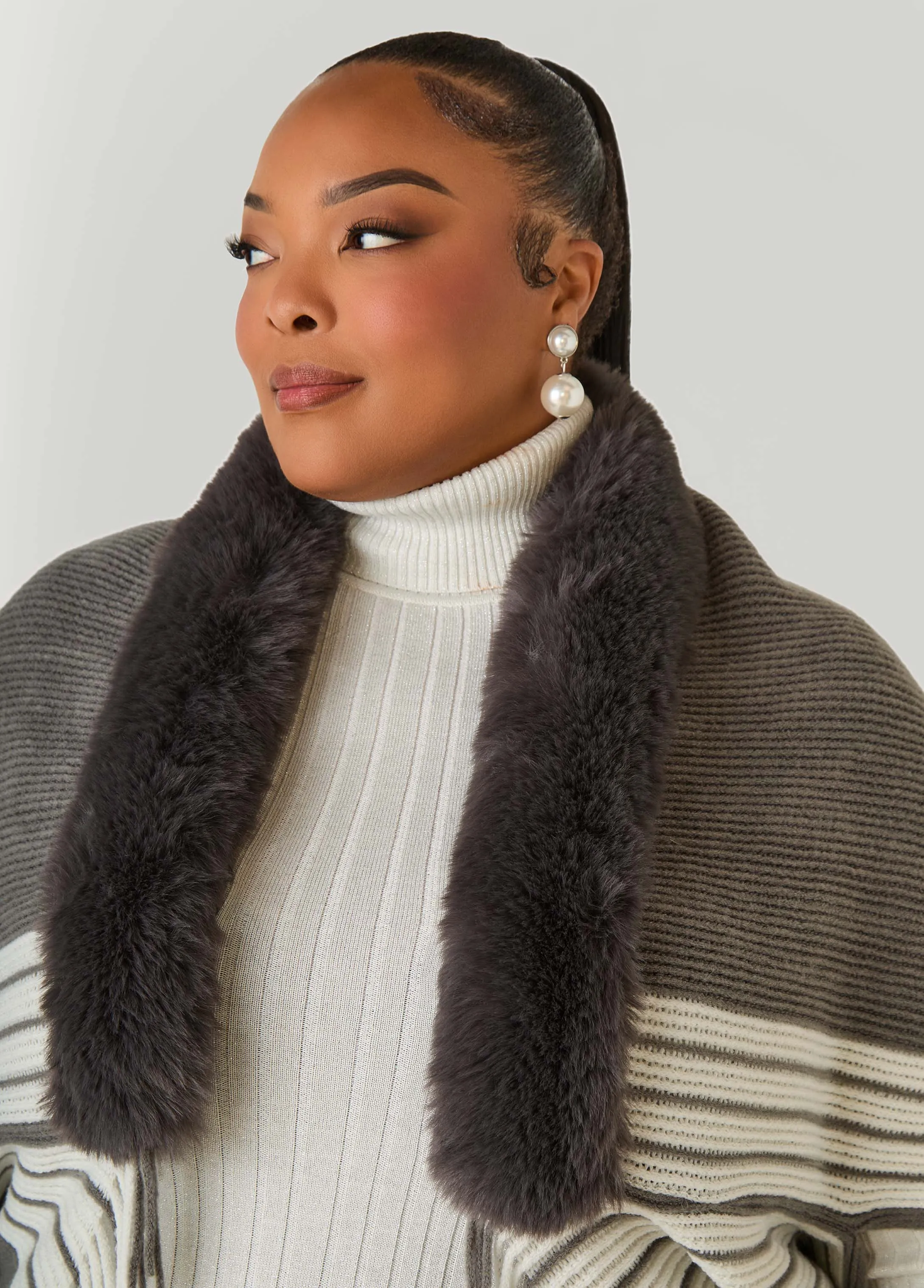 Striped Faux Fur Trimmed Poncho sold by Ashley Stewart product image thumbnail 2