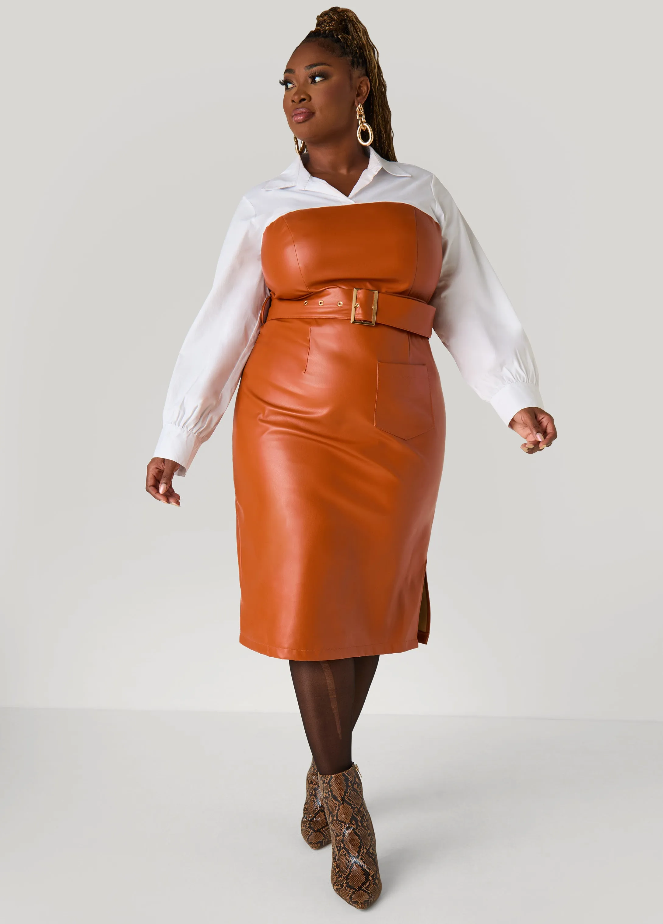 Poplin Paneled Faux Leather Dress sold by Ashley Stewart product image thumbnail 4