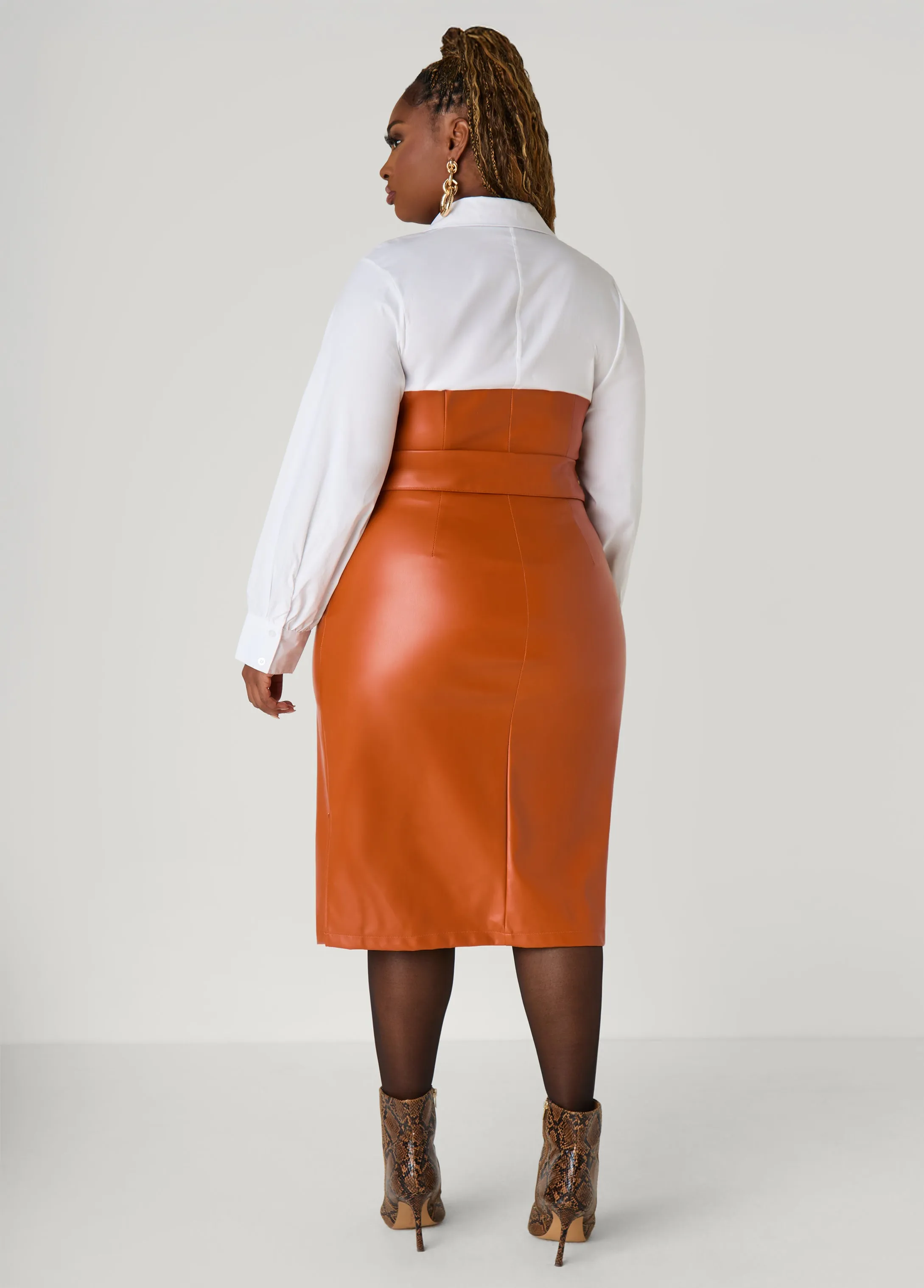 Poplin Paneled Faux Leather Dress sold by Ashley Stewart product image thumbnail 2