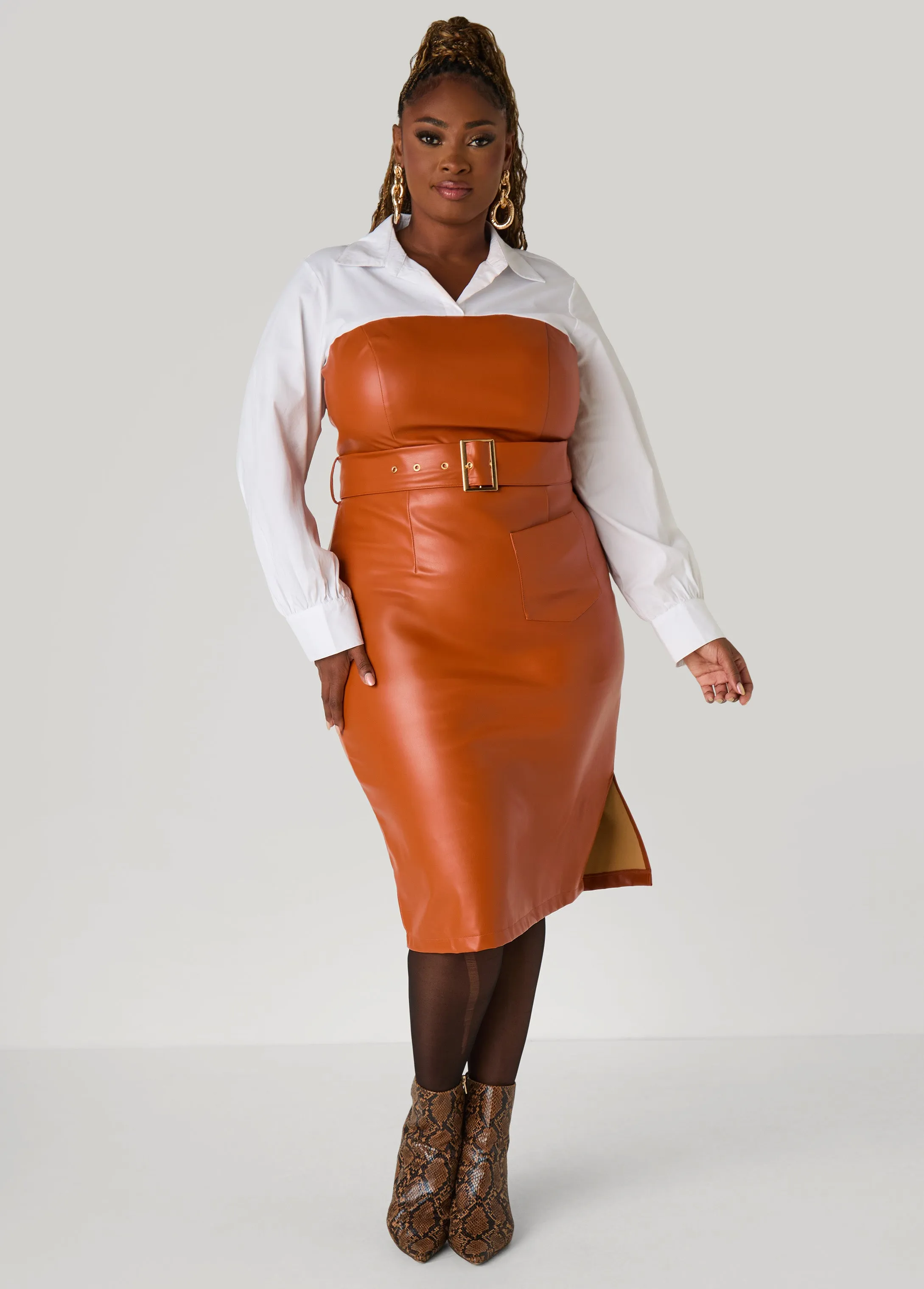 Poplin Paneled Faux Leather Dress sold by Ashley Stewart product image thumbnail 3
