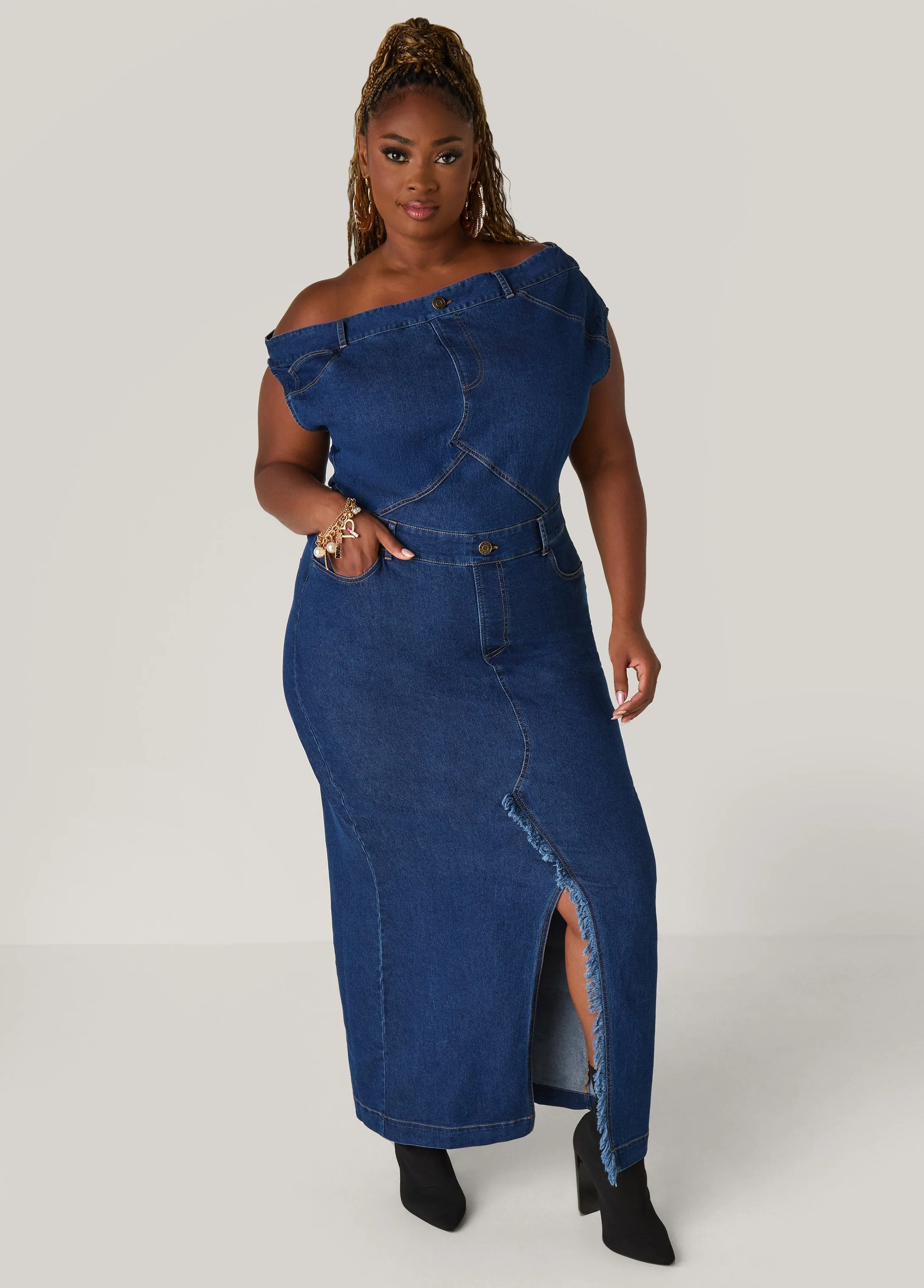 Off The Shoulder Denim Maxi Dress sold by Ashley Stewart