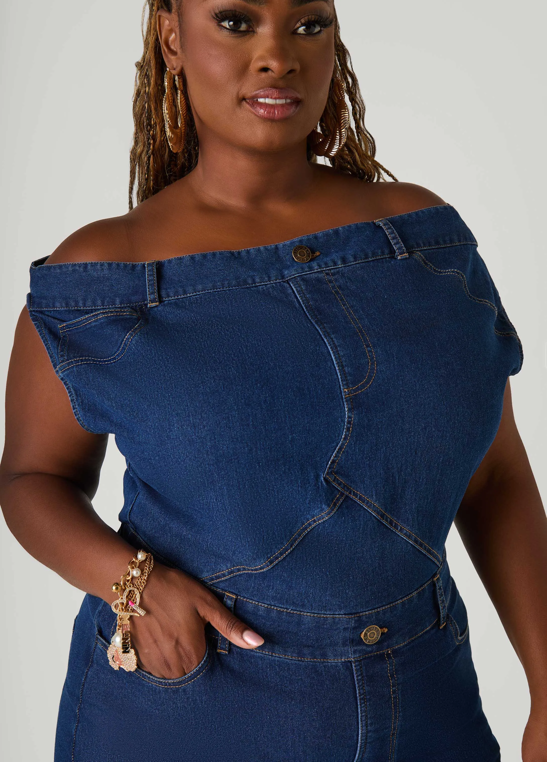 Off The Shoulder Denim Maxi Dress sold by Ashley Stewart product image thumbnail 2