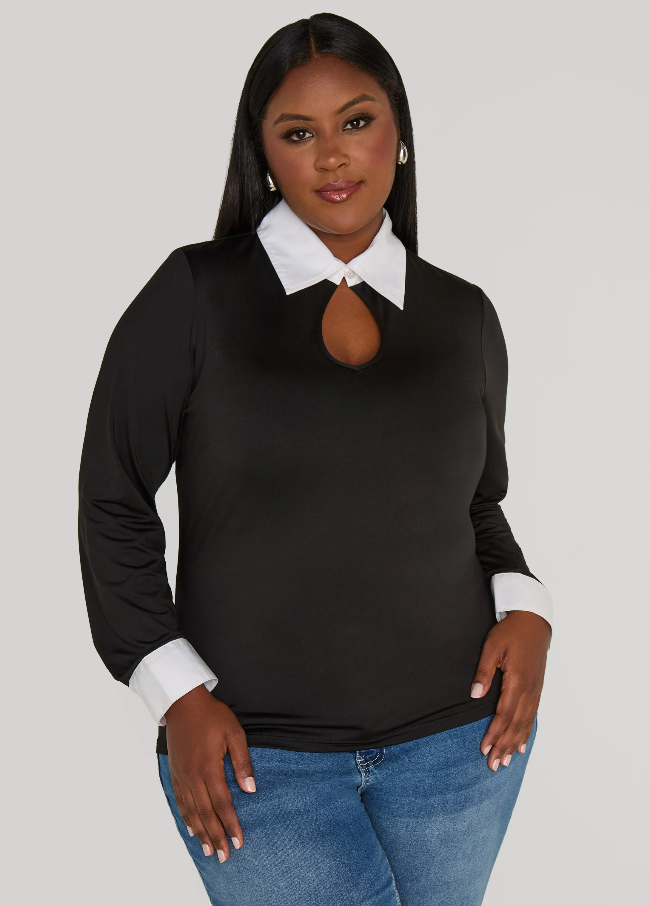 Cutout Poplin Paneled Top sold by Ashley Stewart
