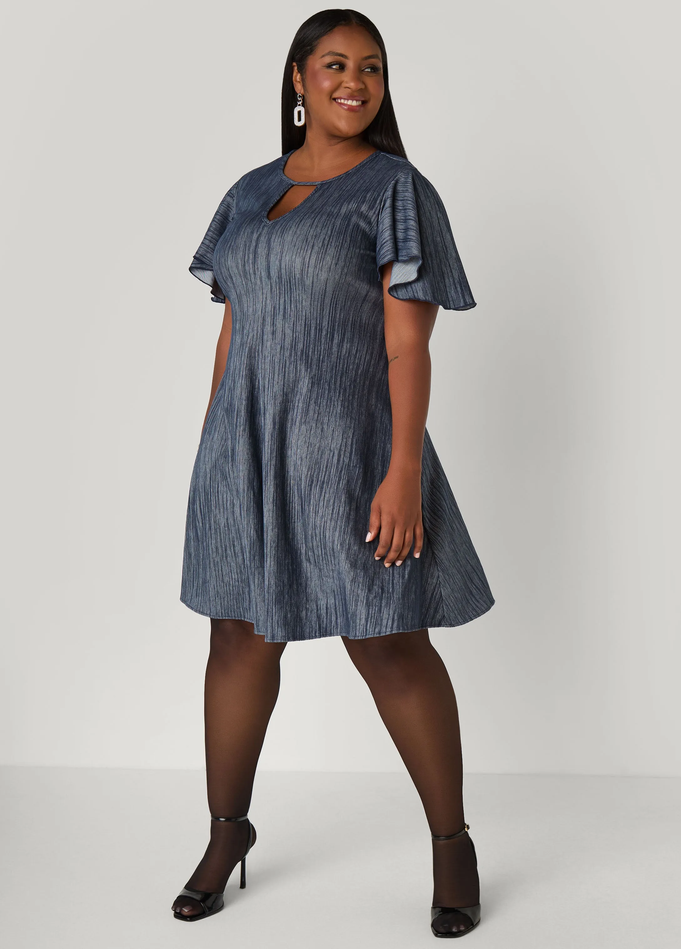 Cutout Textured Denim A Line Dress sold by Ashley Stewart product image thumbnail 3