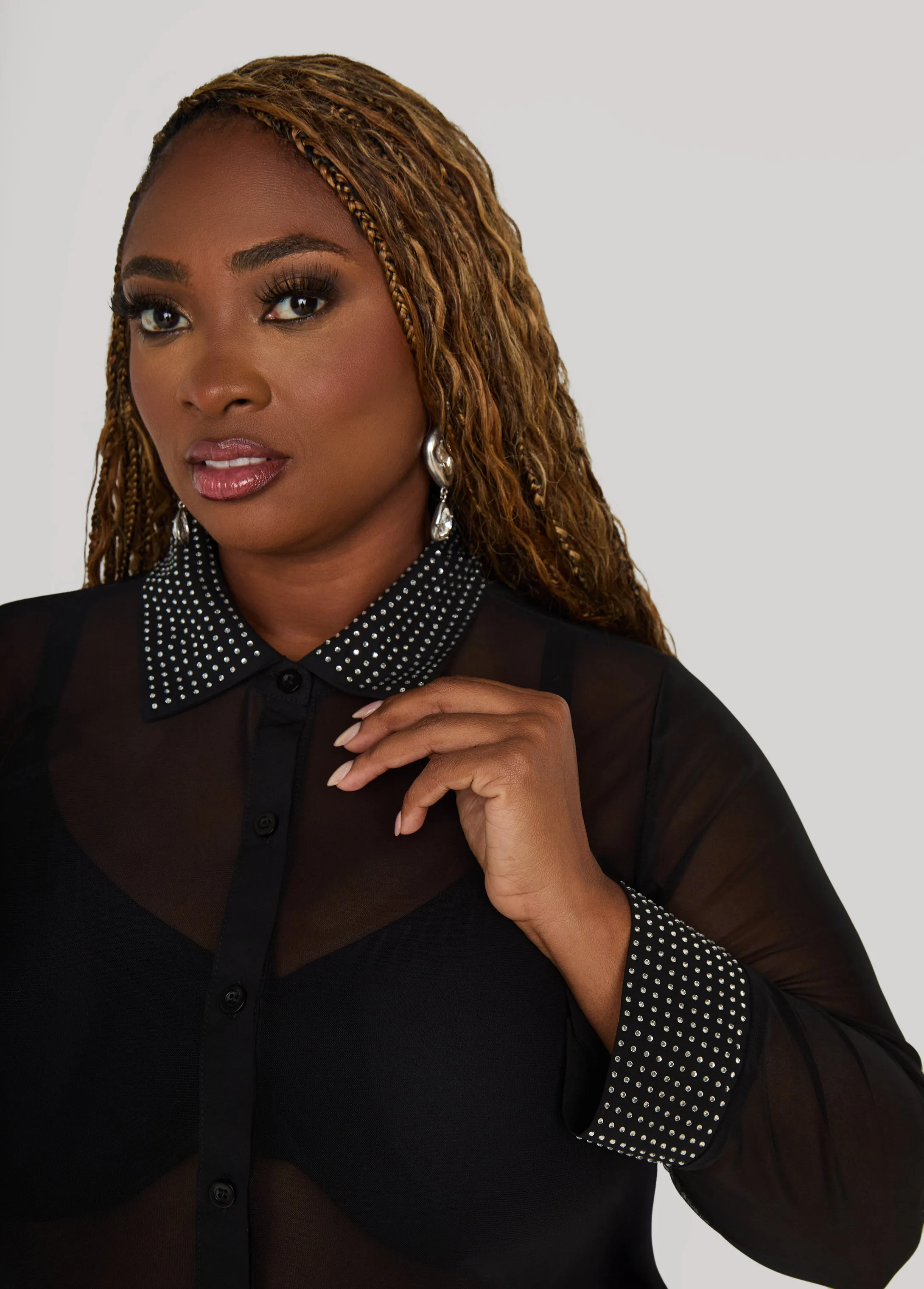 Crystal Embellished Mesh Shirt sold by Ashley Stewart product image thumbnail 4