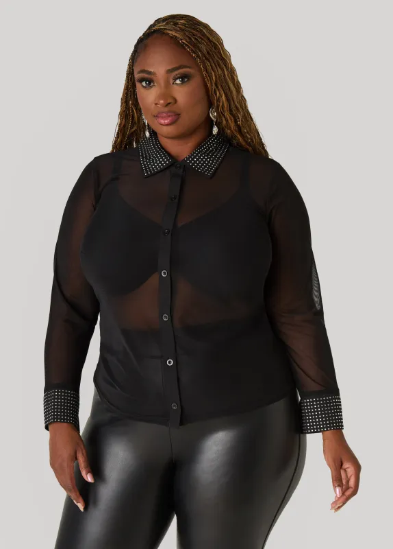Crystal Embellished Mesh Shirt sold by Ashley Stewart