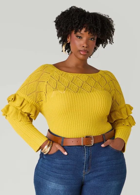 Ruffled Crochet And Ribbed Sweater sold by Ashley Stewart
