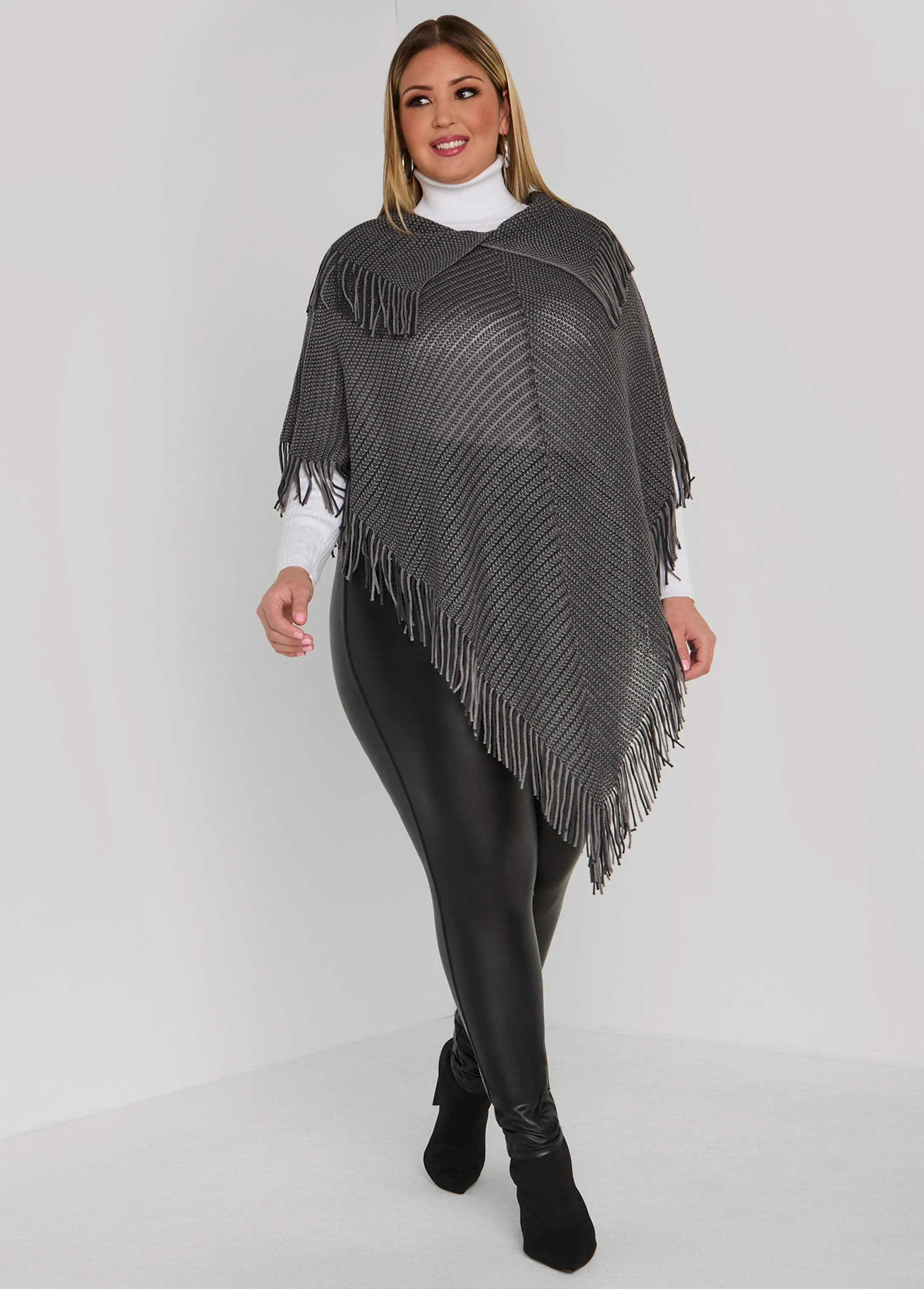 Fringed V Cut Ribbed Poncho sold by Ashley Stewart product image thumbnail 3