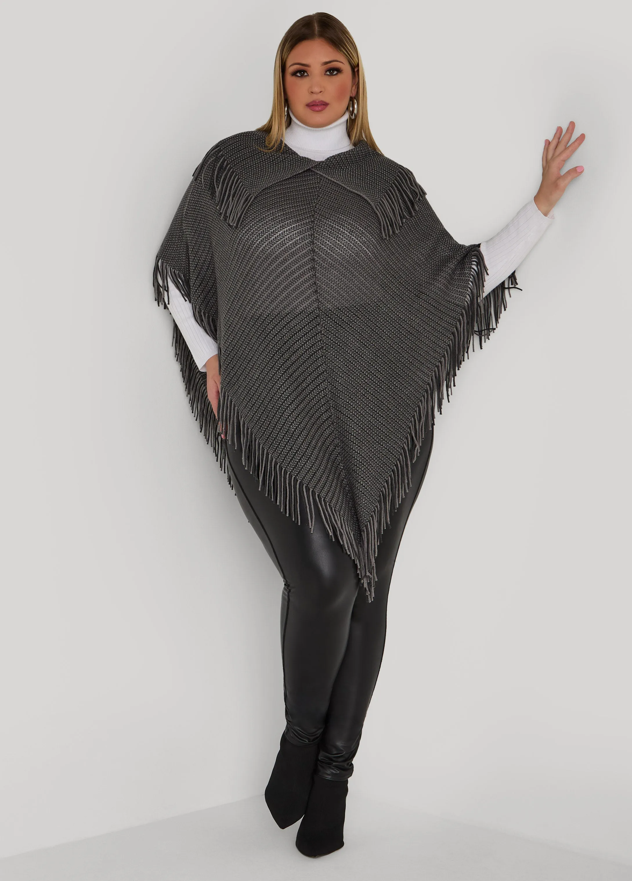 Fringed V Cut Ribbed Poncho sold by Ashley Stewart
