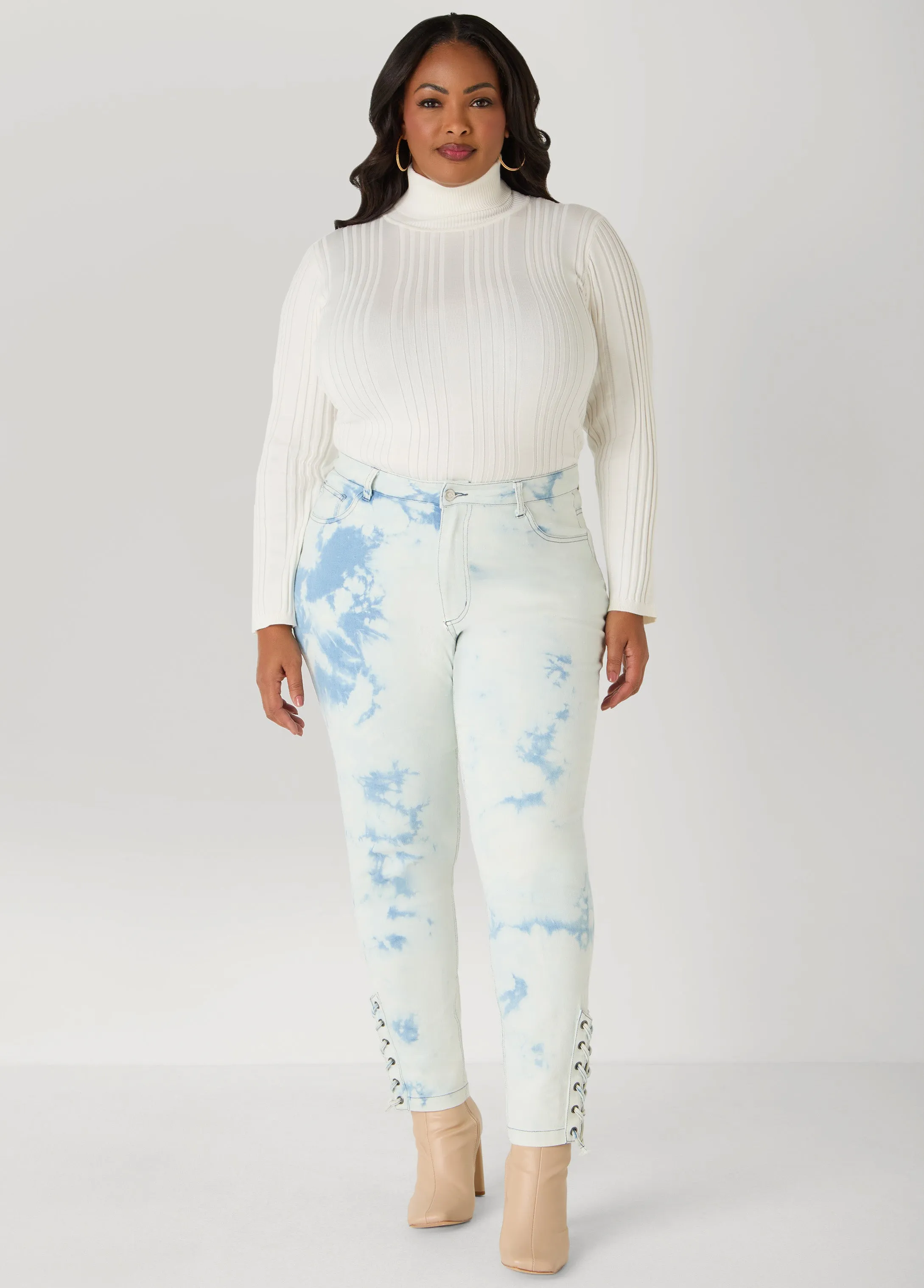 Lace Up Acid Wash Skinny Jeans sold by Ashley Stewart