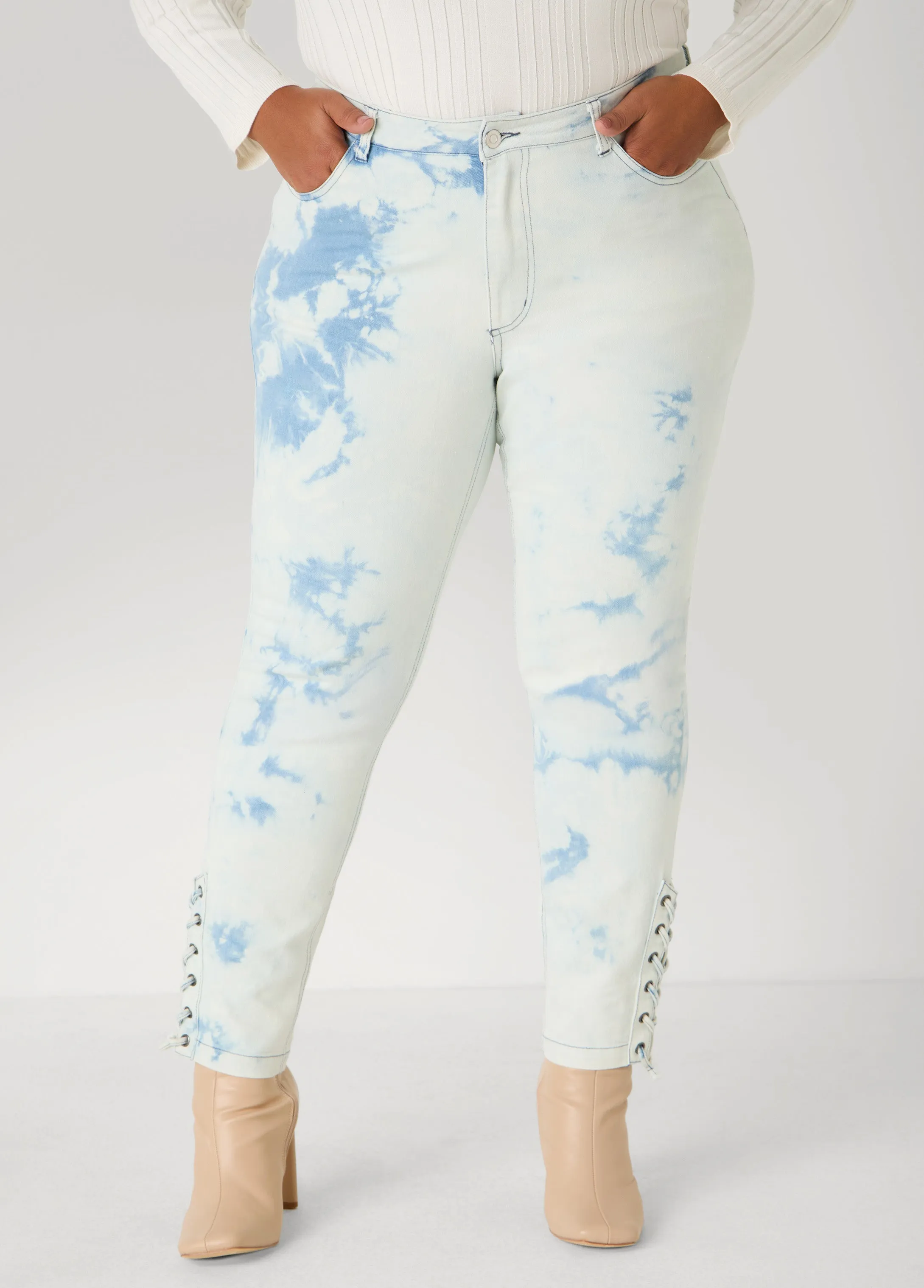 Lace Up Acid Wash Skinny Jeans sold by Ashley Stewart product image thumbnail 3