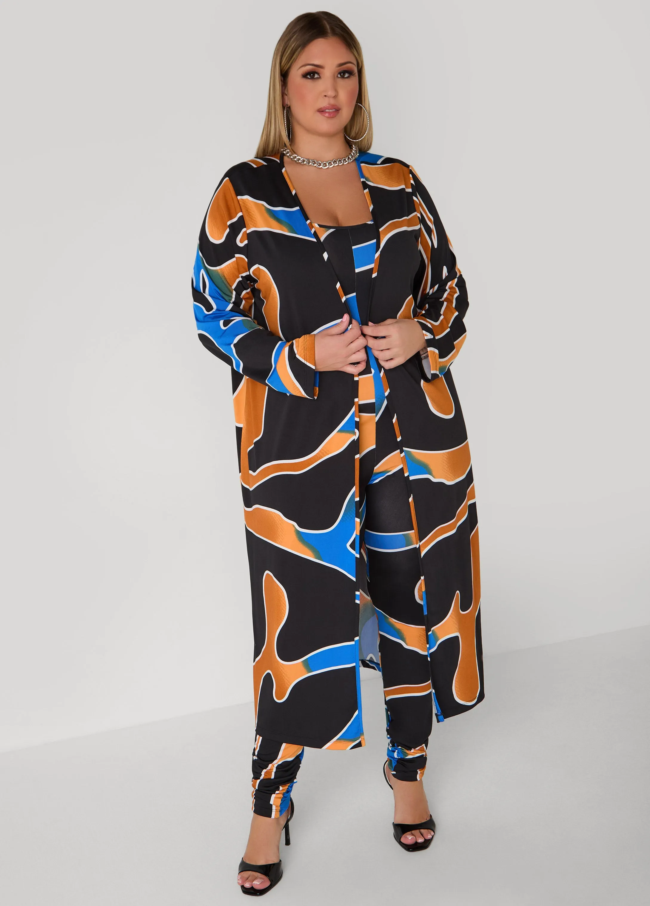 Abstract Print Open Front Duster sold by Ashley Stewart