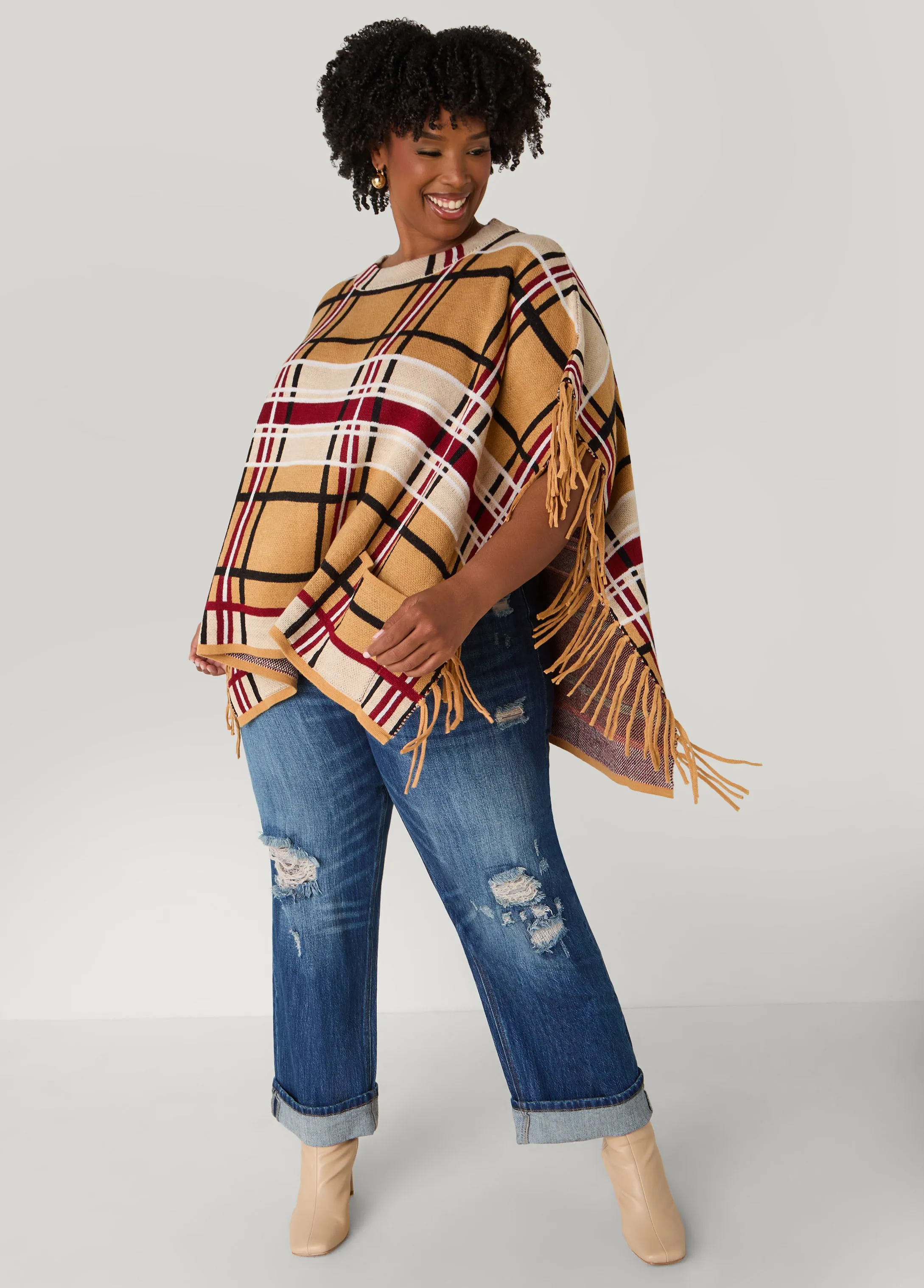 Fringed Plaid Poncho sold by Ashley Stewart product image thumbnail 2