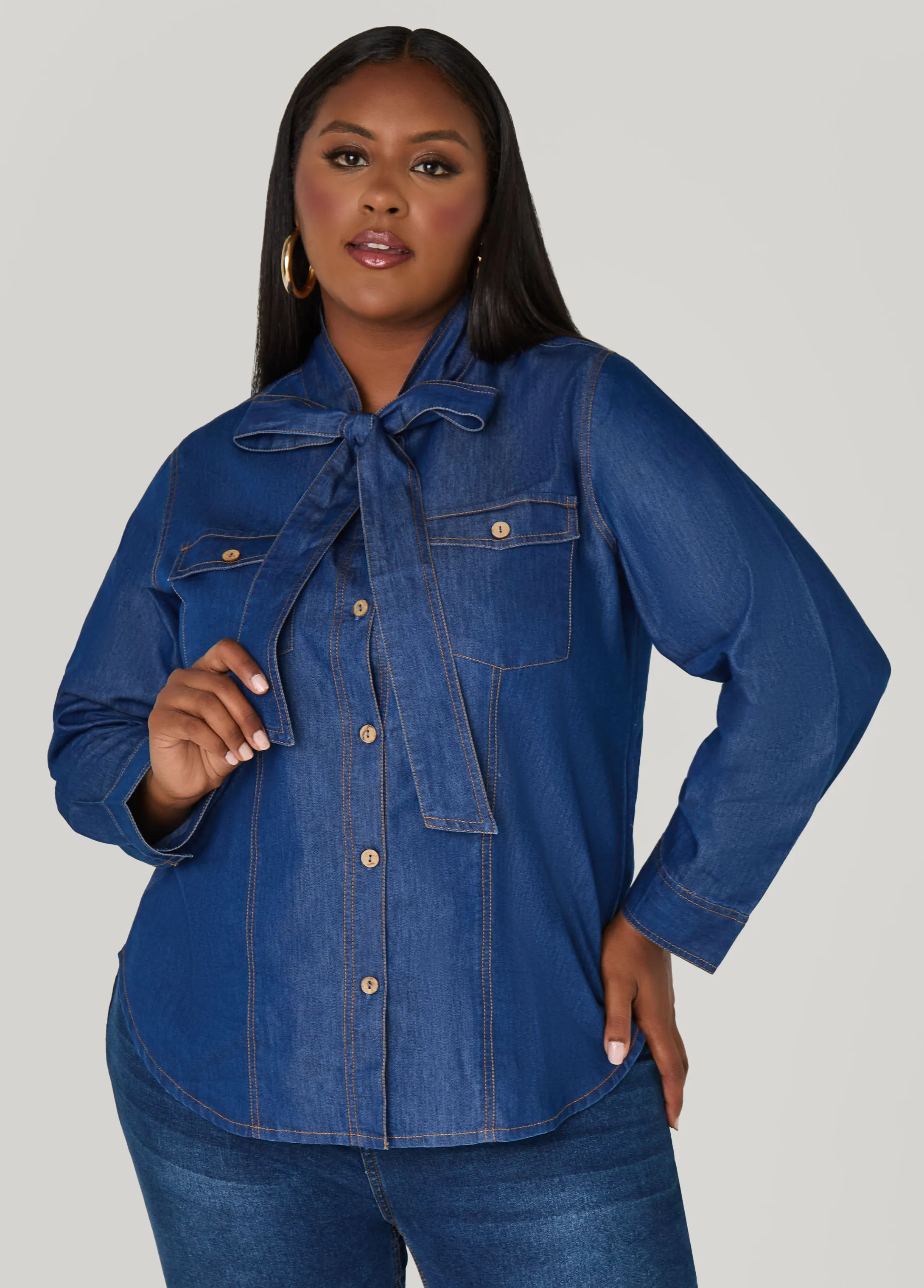 Tie Neck Denim Shirt sold by Ashley Stewart