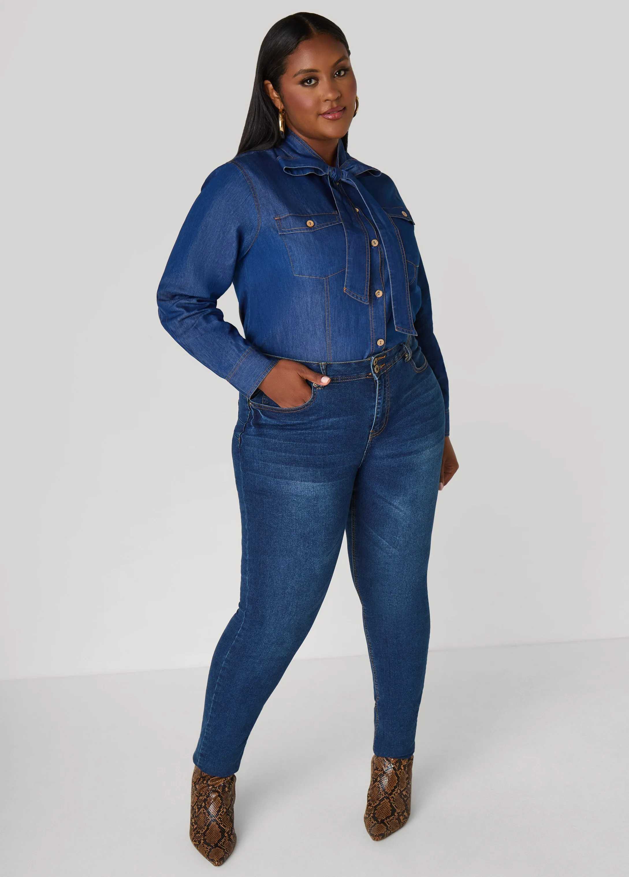Tie Neck Denim Shirt sold by Ashley Stewart product image thumbnail 3