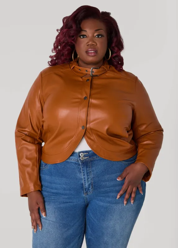 Buckle Collar Faux Leather Jacket sold by Ashley Stewart