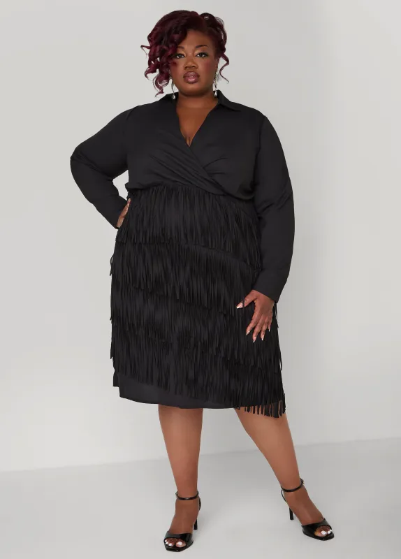 Fringed Faux Wrap Dress sold by Ashley Stewart