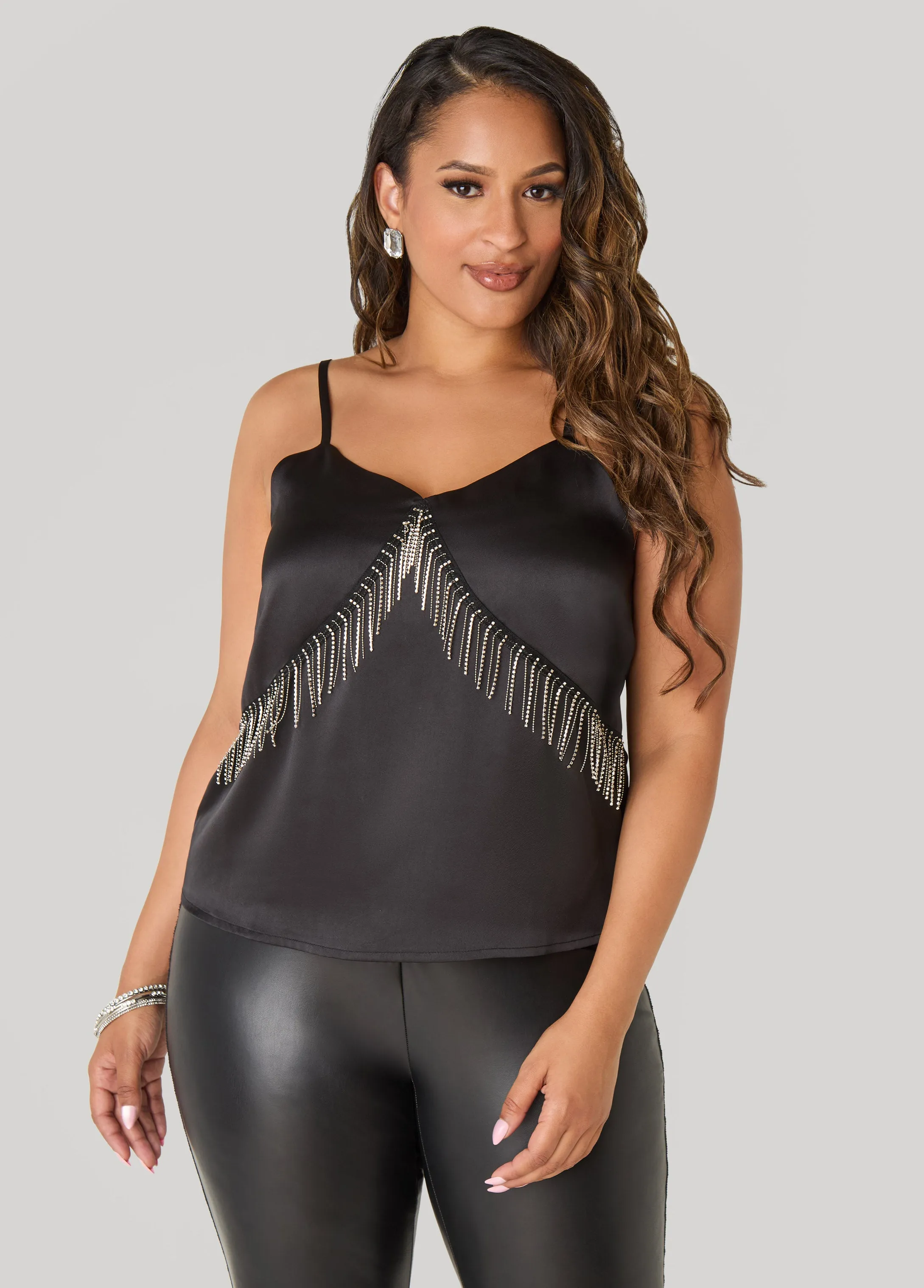 Crystal Fringe Satin Cami sold by Ashley Stewart