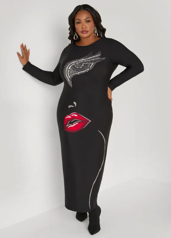 Glittered Face Graphic Maxi Dress sold by Ashley Stewart