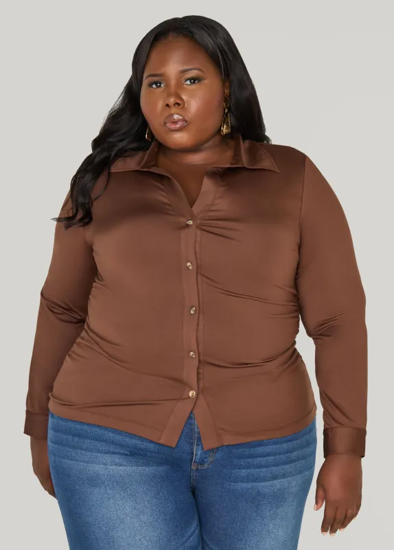 Gathered Button Front Knit Shirt sold by Ashley Stewart