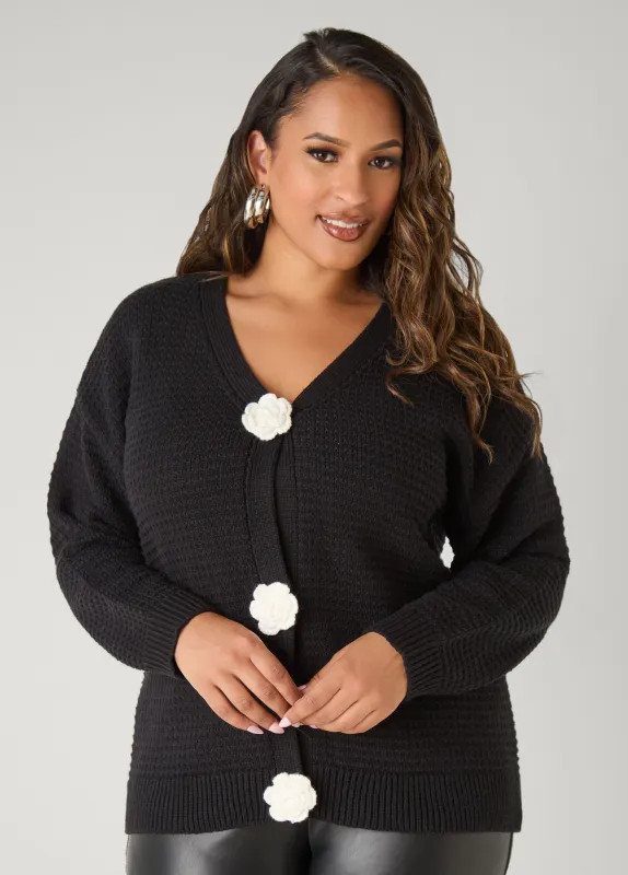 Ribbed Rosette Cardigan sold by Ashley Stewart