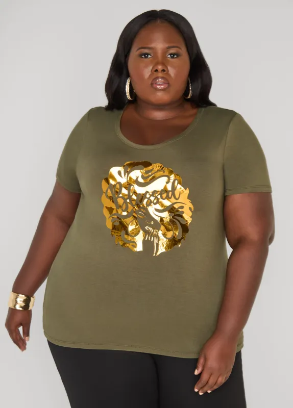 Blessed Metallic Graphic Tee sold by Ashley Stewart