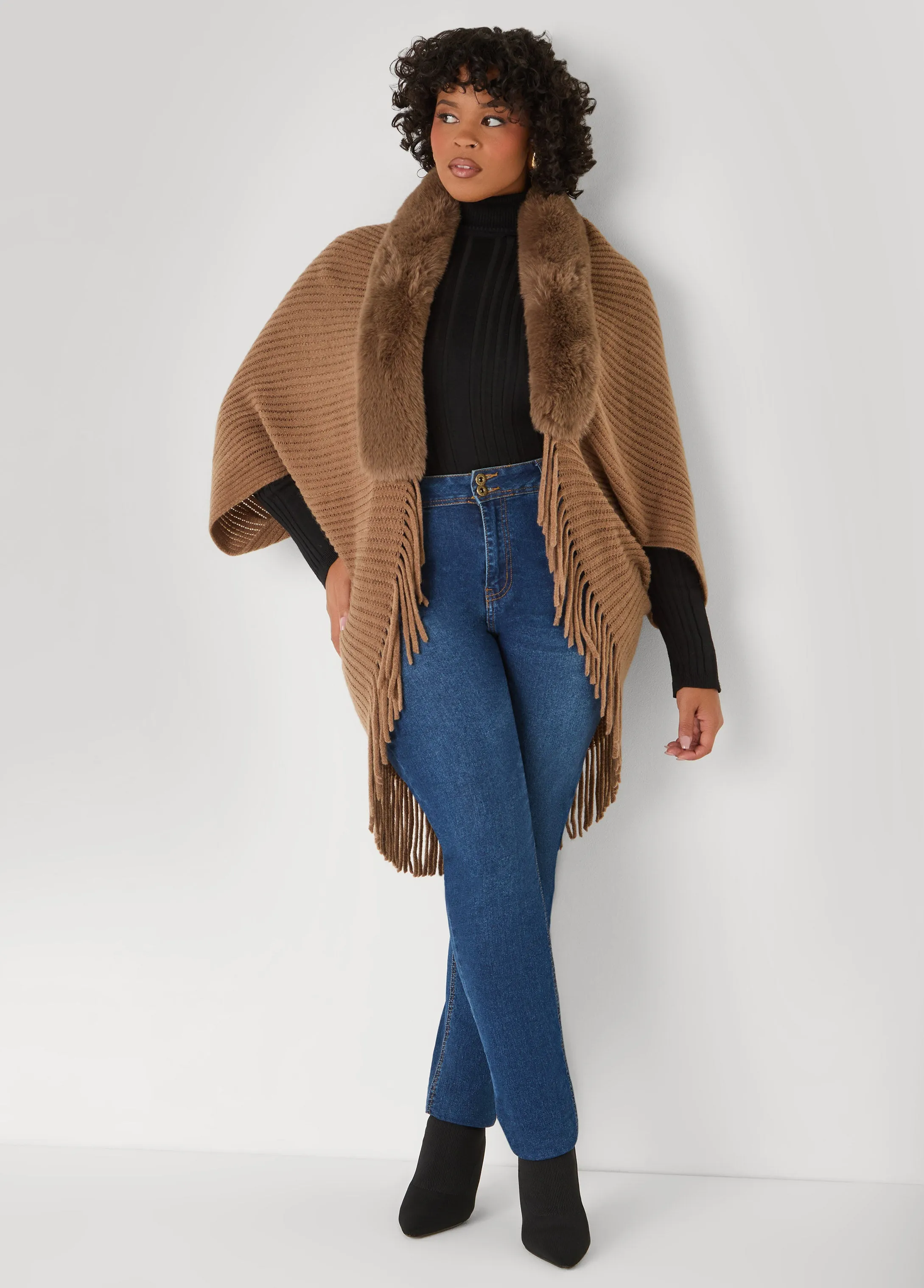 Faux Fur Trimmed Ribbed Ruana sold by Ashley Stewart product image thumbnail 3