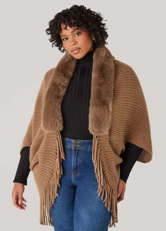 Faux Fur Trimmed Ribbed Ruana sold by Ashley Stewart