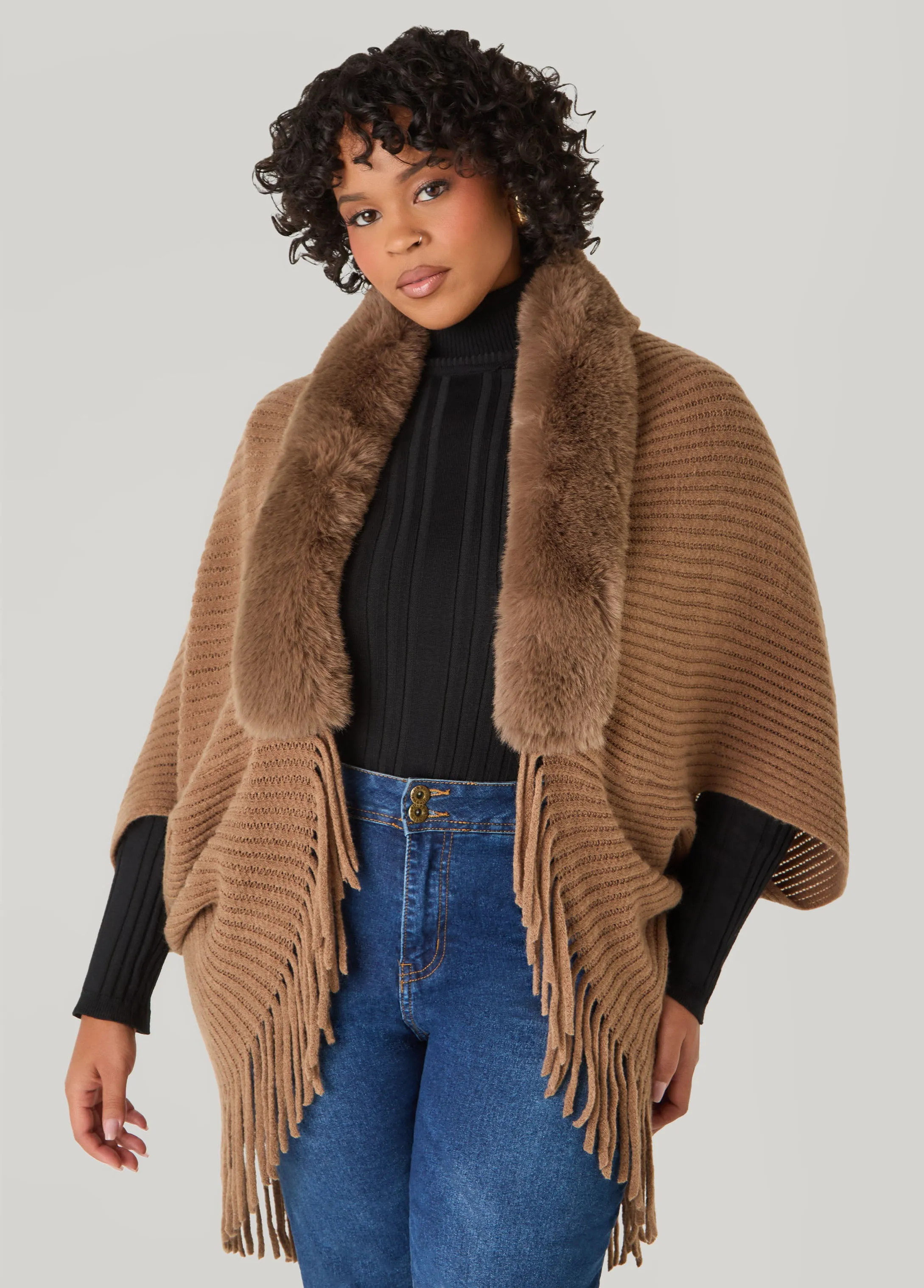 Faux Fur Trimmed Ribbed Ruana sold by Ashley Stewart