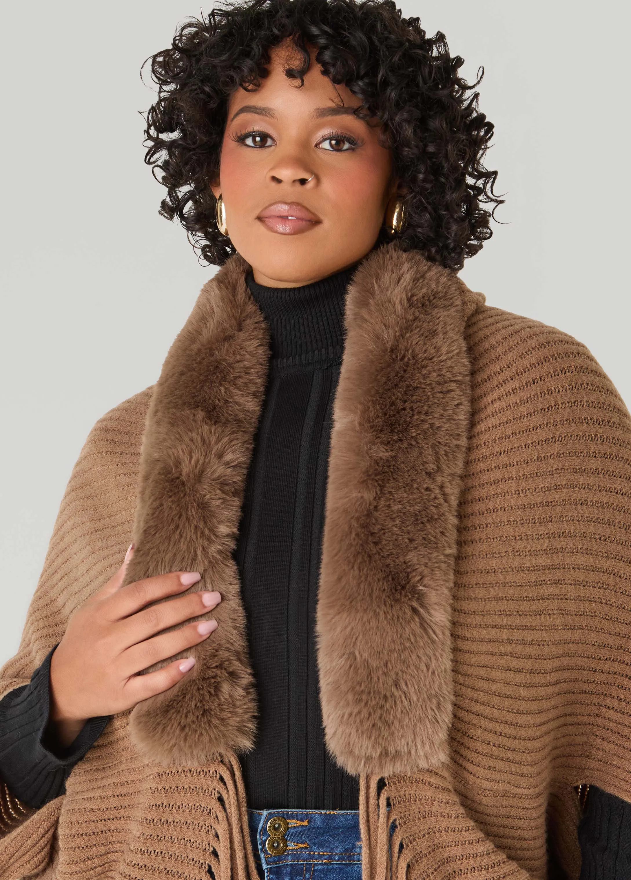 Faux Fur Trimmed Ribbed Ruana sold by Ashley Stewart product image thumbnail 4
