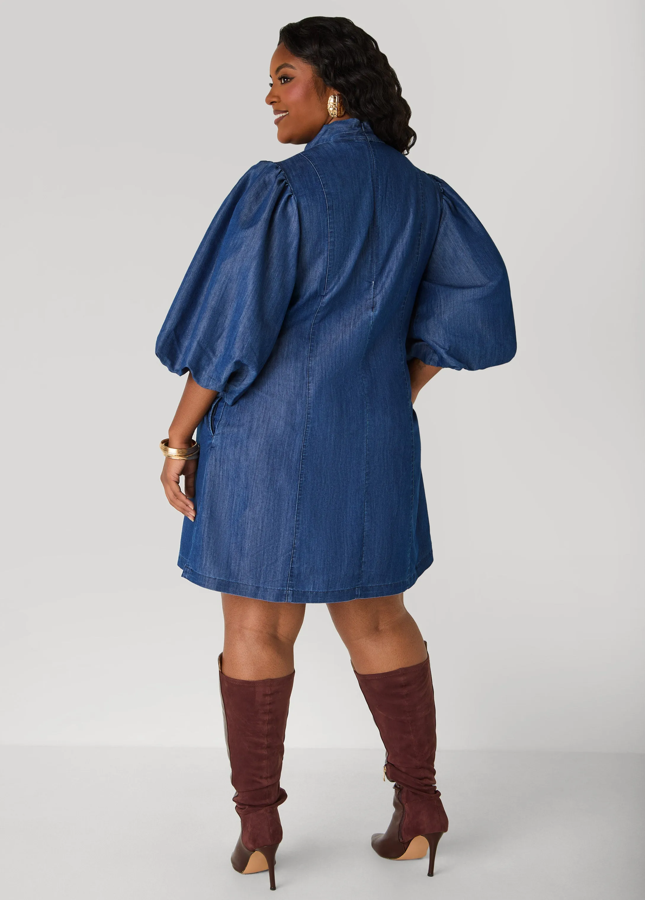 Studded Puff Sleeve Chambray Dress sold by Ashley Stewart product image thumbnail 2