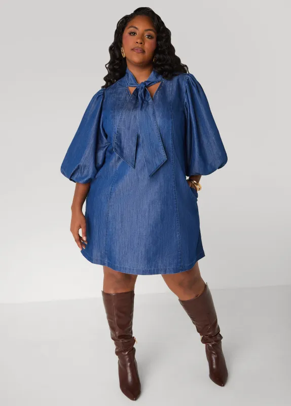 Studded Puff Sleeve Chambray Dress sold by Ashley Stewart