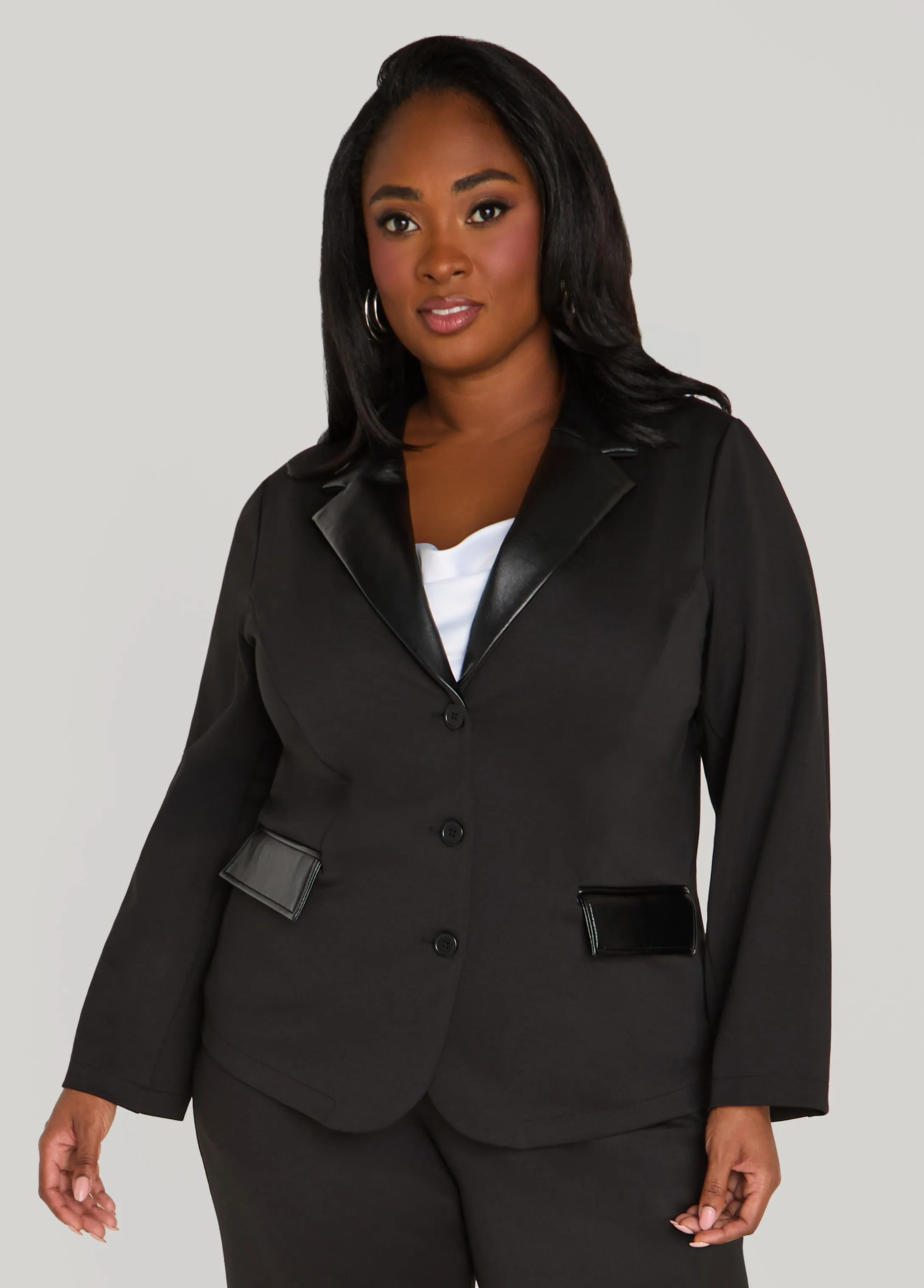 Faux Leather Paneled Ponte Blazer sold by Ashley Stewart