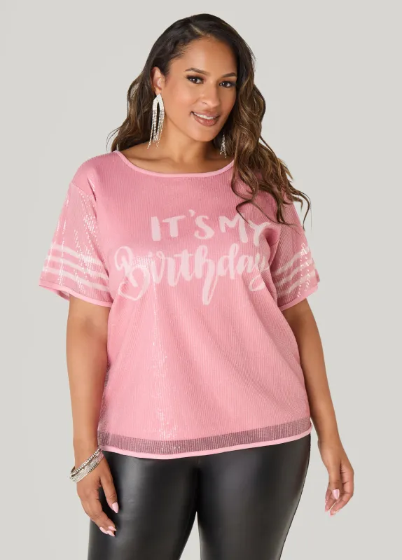 Its My Birthday Sequin Tee sold by Ashley Stewart