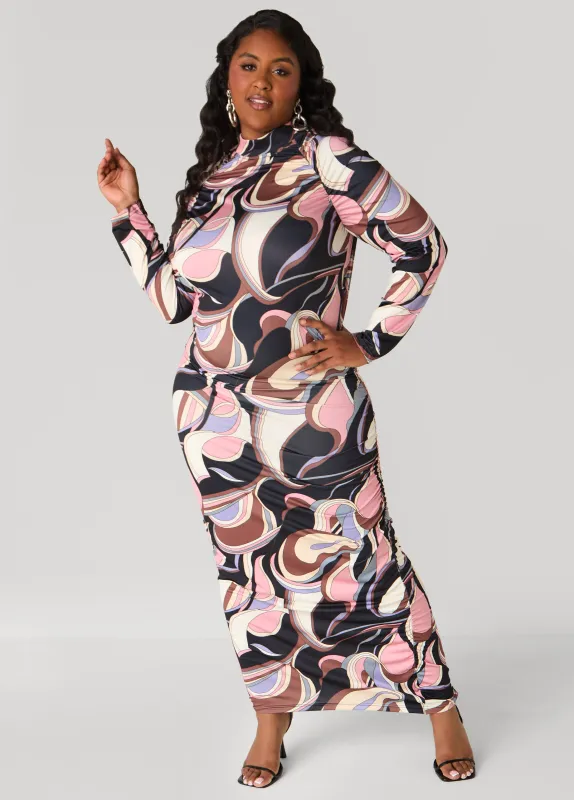 Ruched Abstract Bodycon Dress sold by Ashley Stewart