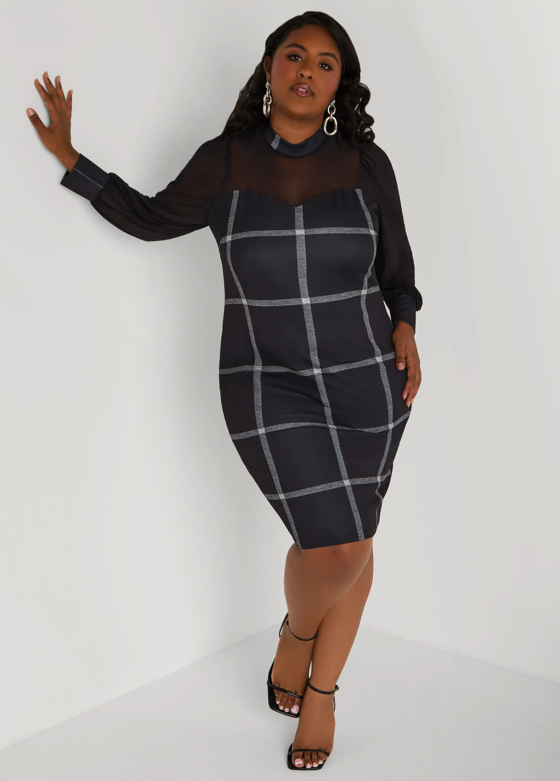 Mesh Paneled Plaid Sheath Dress sold by Ashley Stewart product image thumbnail 3