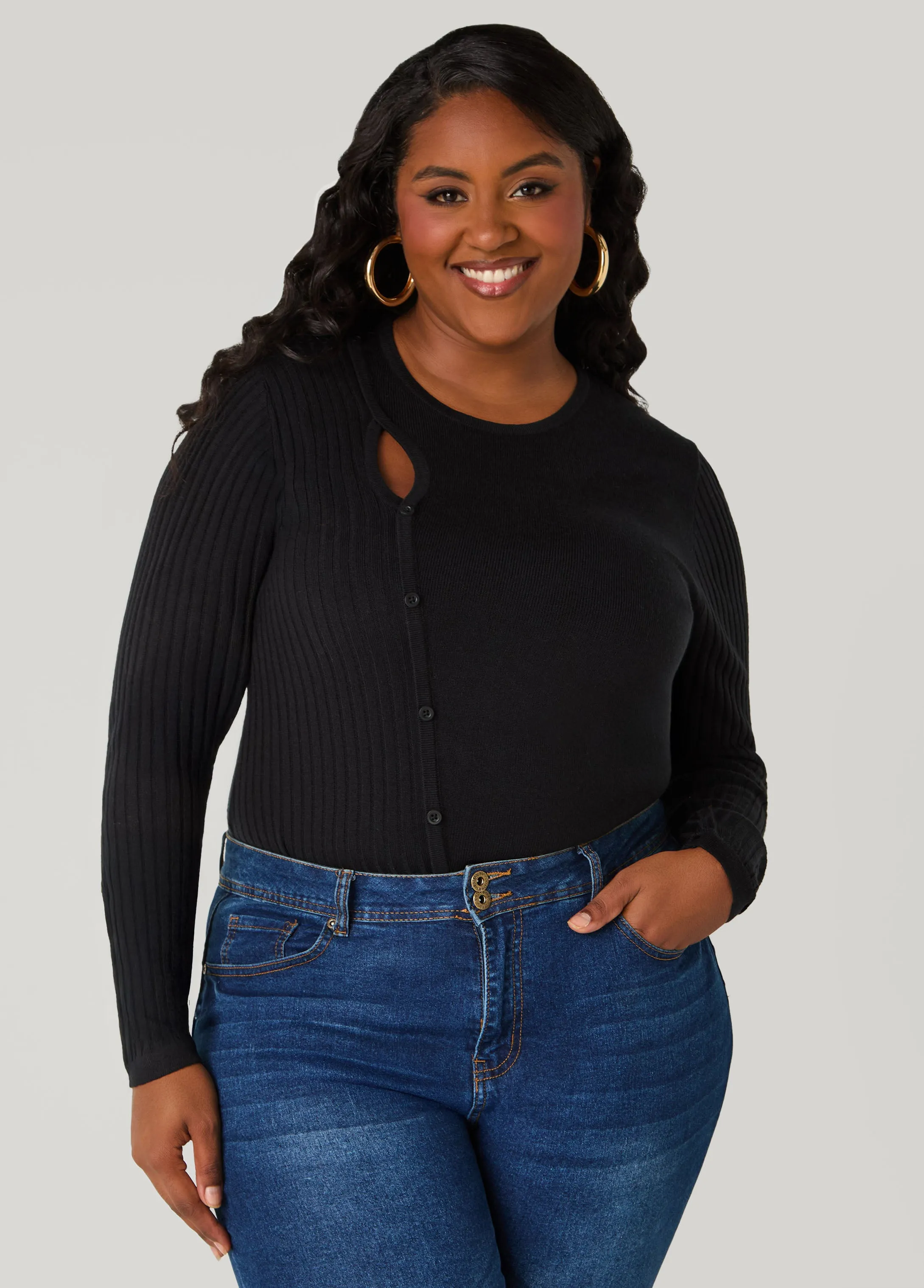Cutout Button Embellished Sweater sold by Ashley Stewart